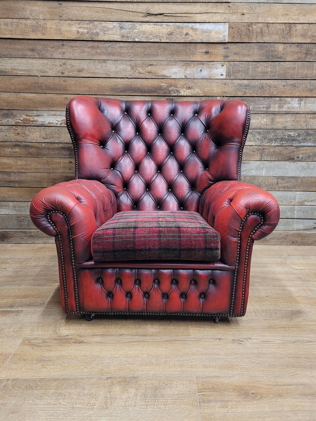Oxblood Red Chesterfield Wingback Armchair Leather Vintage Tartan Cushion #2