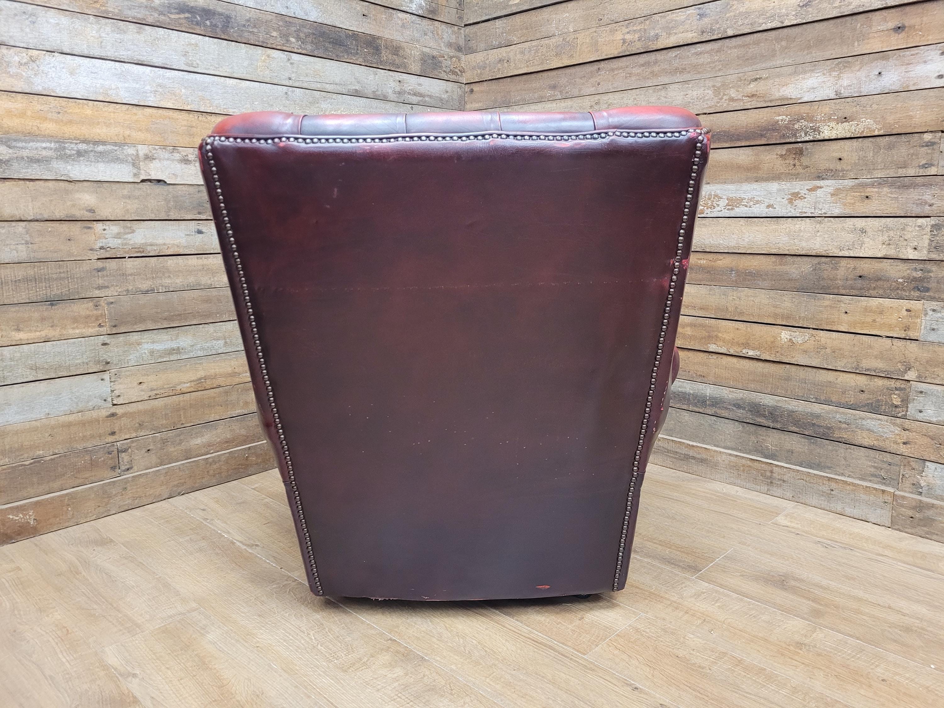 Oxblood Red Chesterfield Wingback Armchair Leather Vintage Tartan Cushion #2