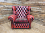 Oxblood Red Chesterfield Wingback Armchair Leather Vintage Tartan Cushion #2