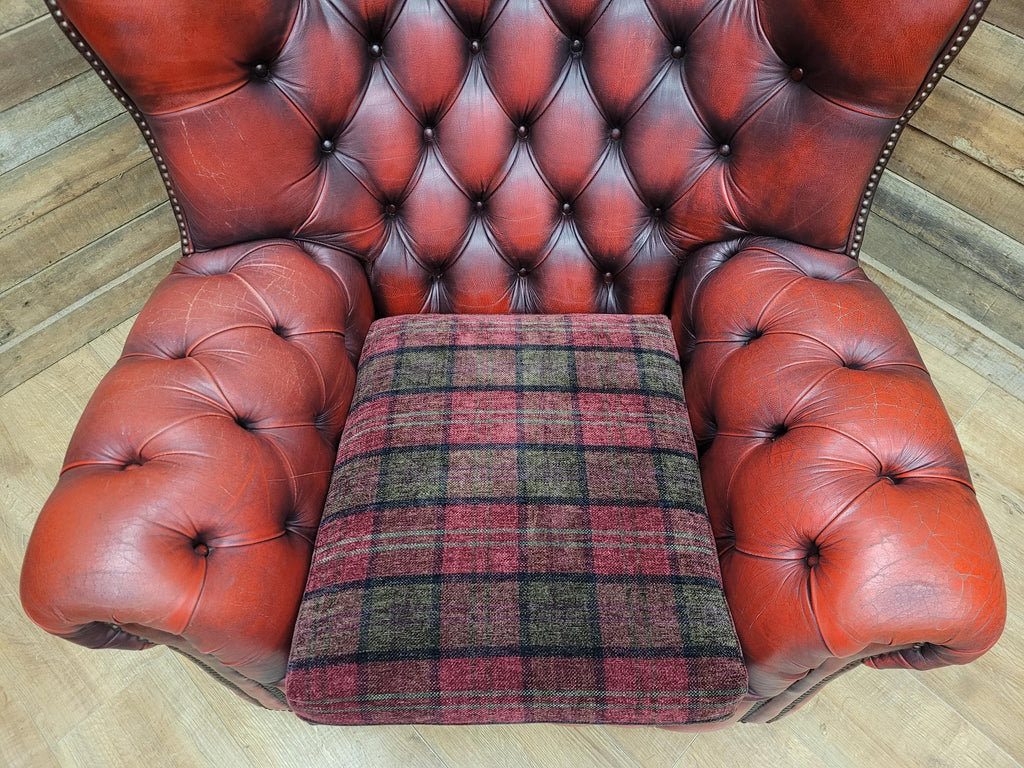 Oxblood Red Chesterfield Wingback Armchair Leather Vintage Tartan Cushion #2