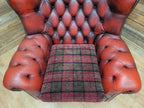 Oxblood Red Chesterfield Wingback Armchair Leather Vintage Tartan Cushion #2