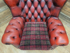 Oxblood Red Chesterfield Wingback Armchair Leather Vintage Tartan Cushion #2