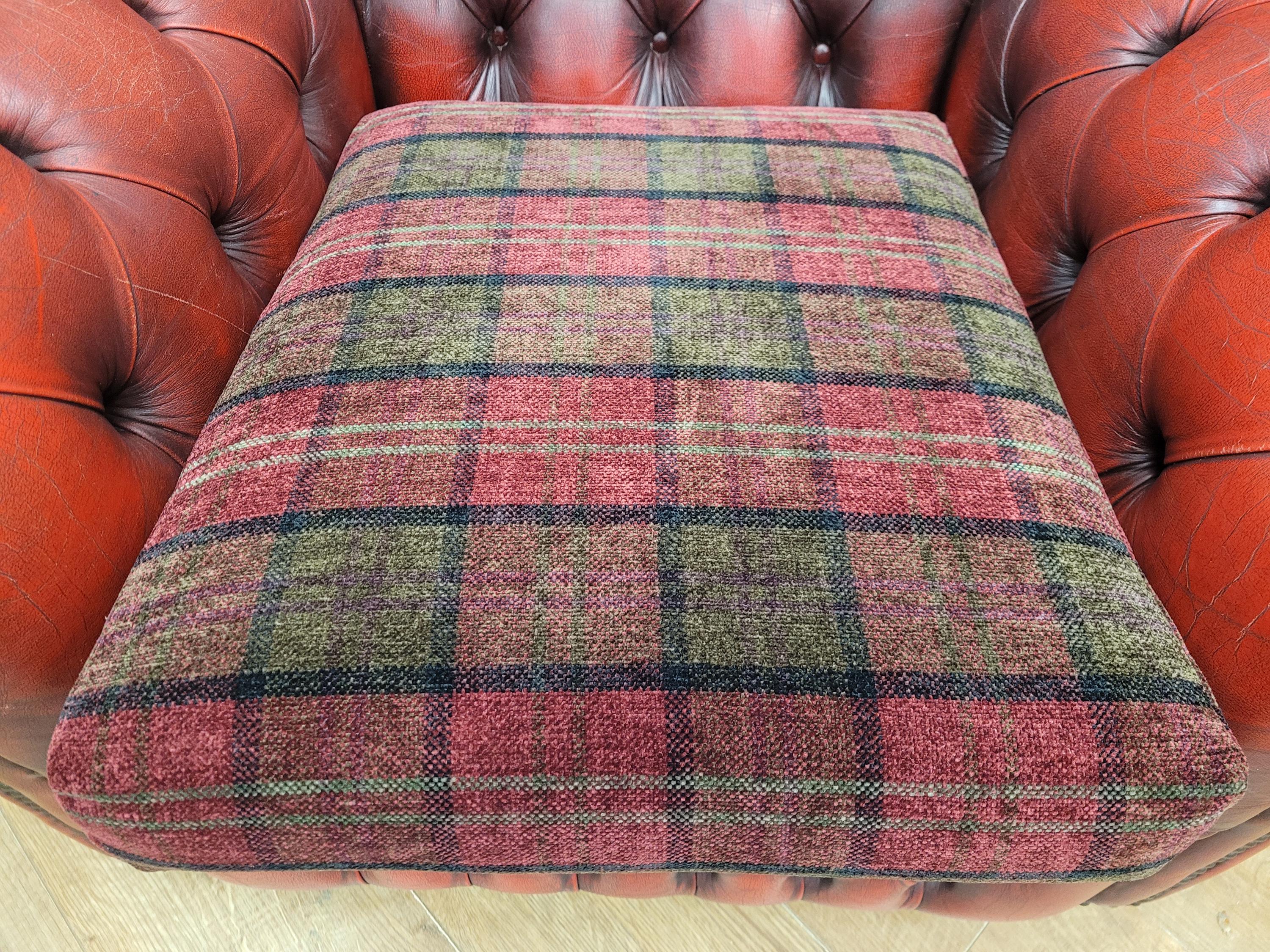 Oxblood Red Chesterfield Wingback Armchair Leather Vintage Tartan Cushion #2