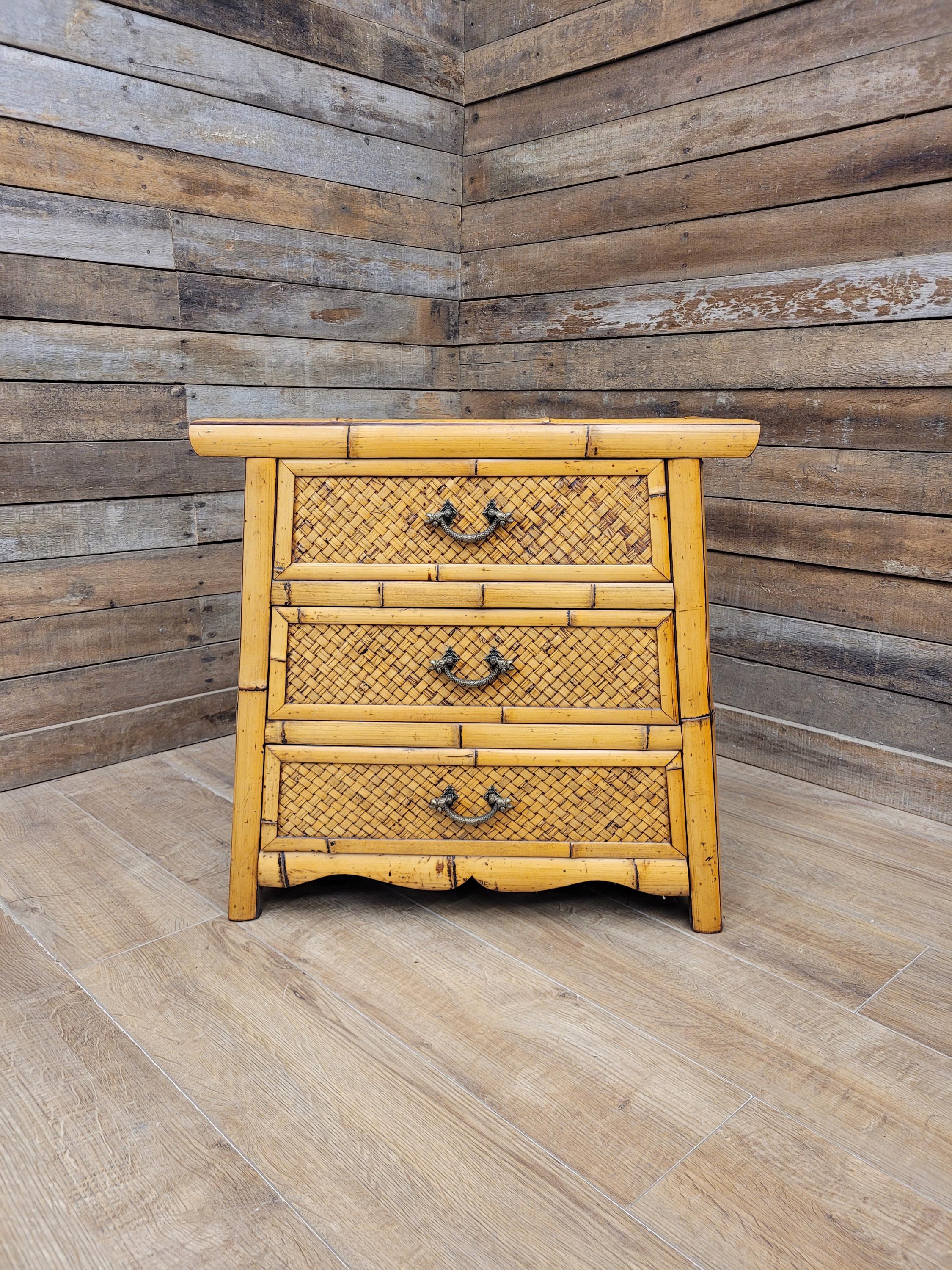 Bamboo Chest Of Drawers Wicker Fronted Vintage Bedside Cabinet Side Chest