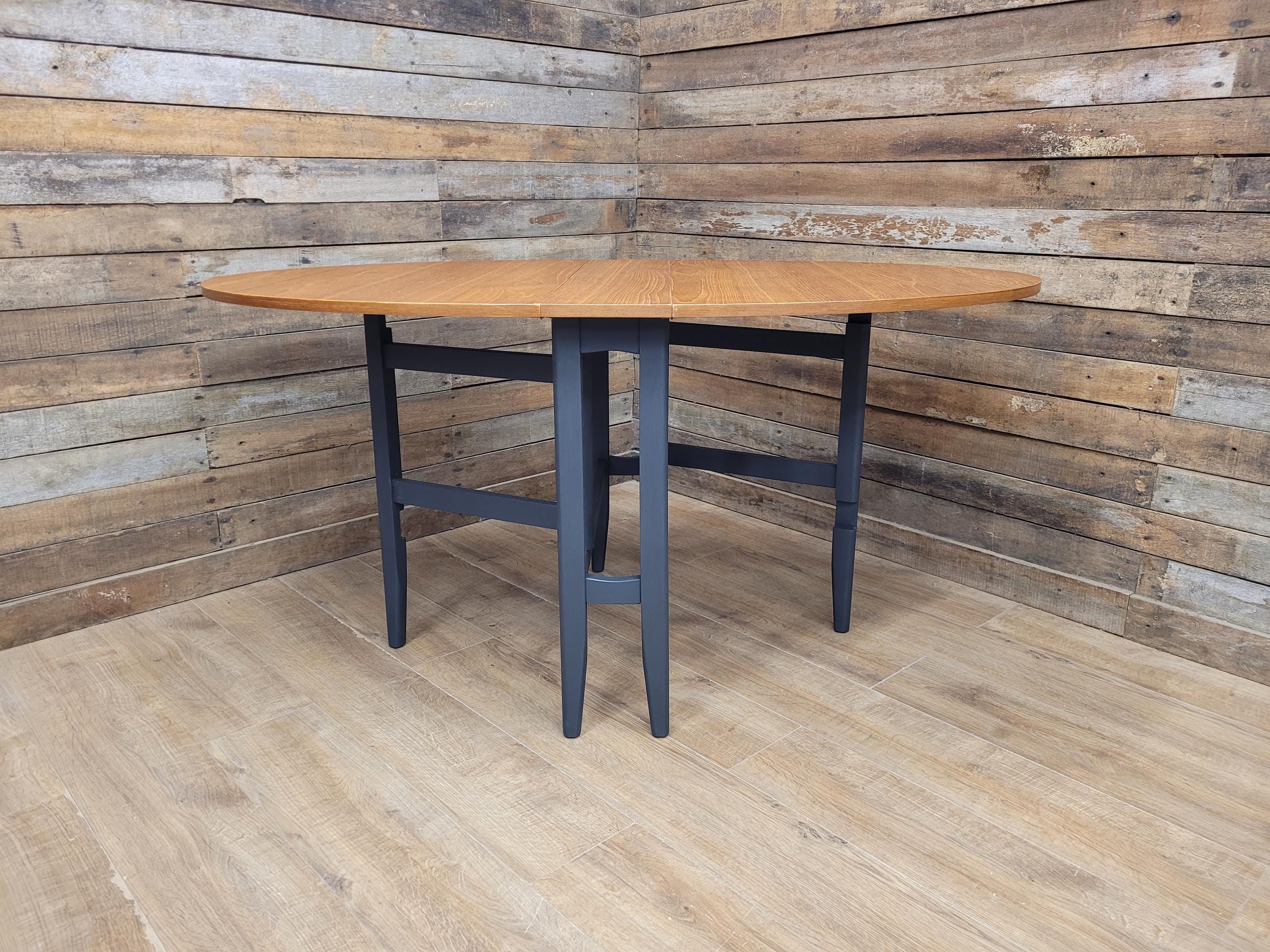 Teak Drop Leaf Dining Table Mid Century Oval Folding Compact Painted Base