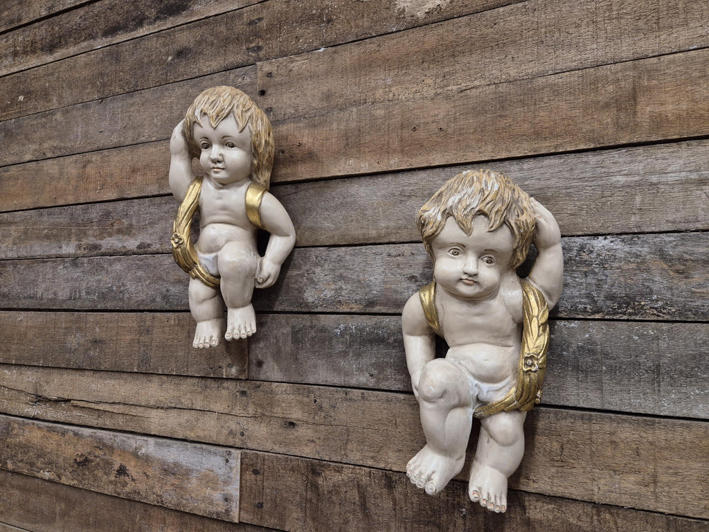 Pair Cherub Wall Plaques Hand Painted Putti Classical Decorative Vintage