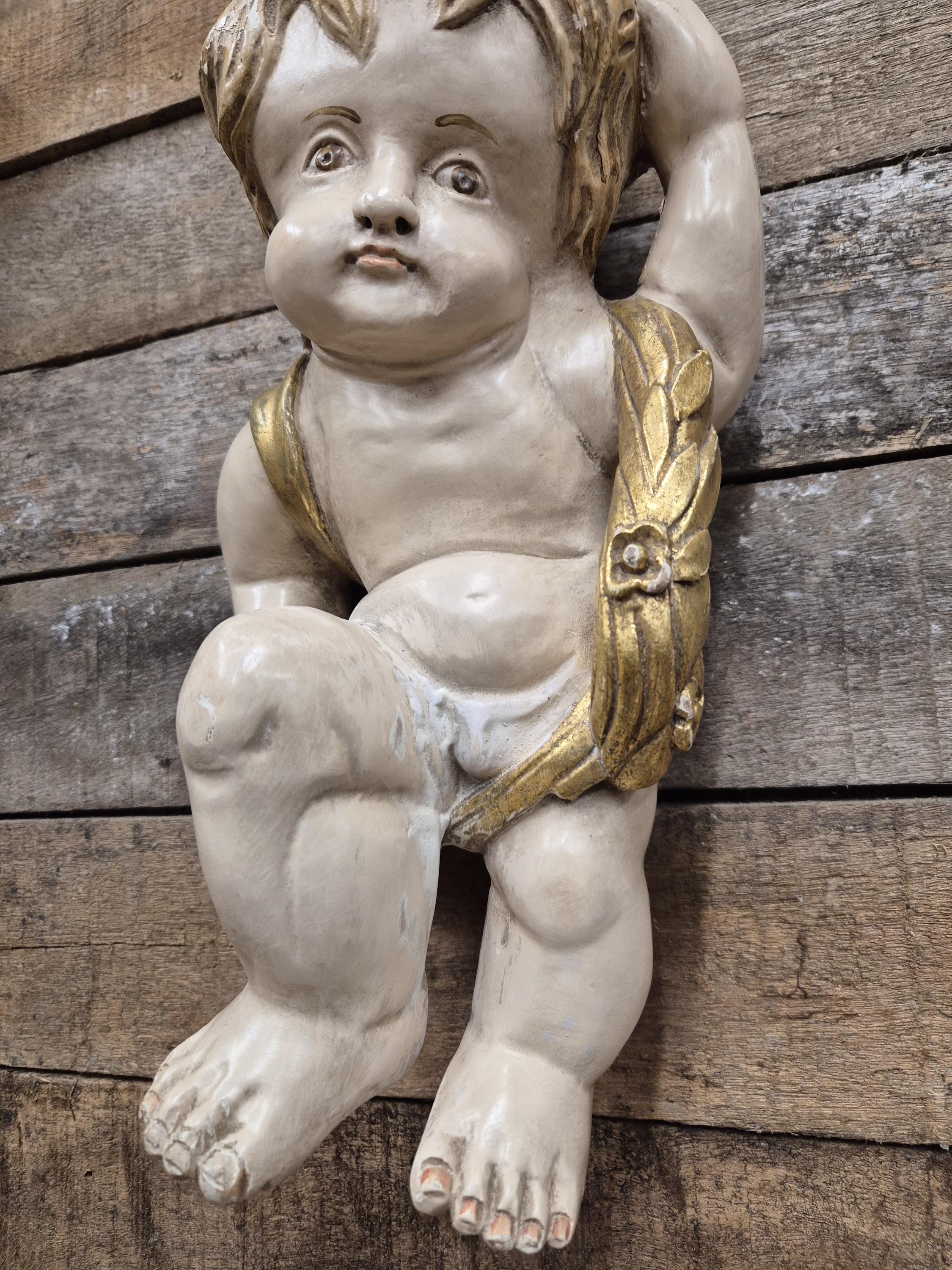 Pair Cherub Wall Plaques Hand Painted Putti Classical Decorative Vintage