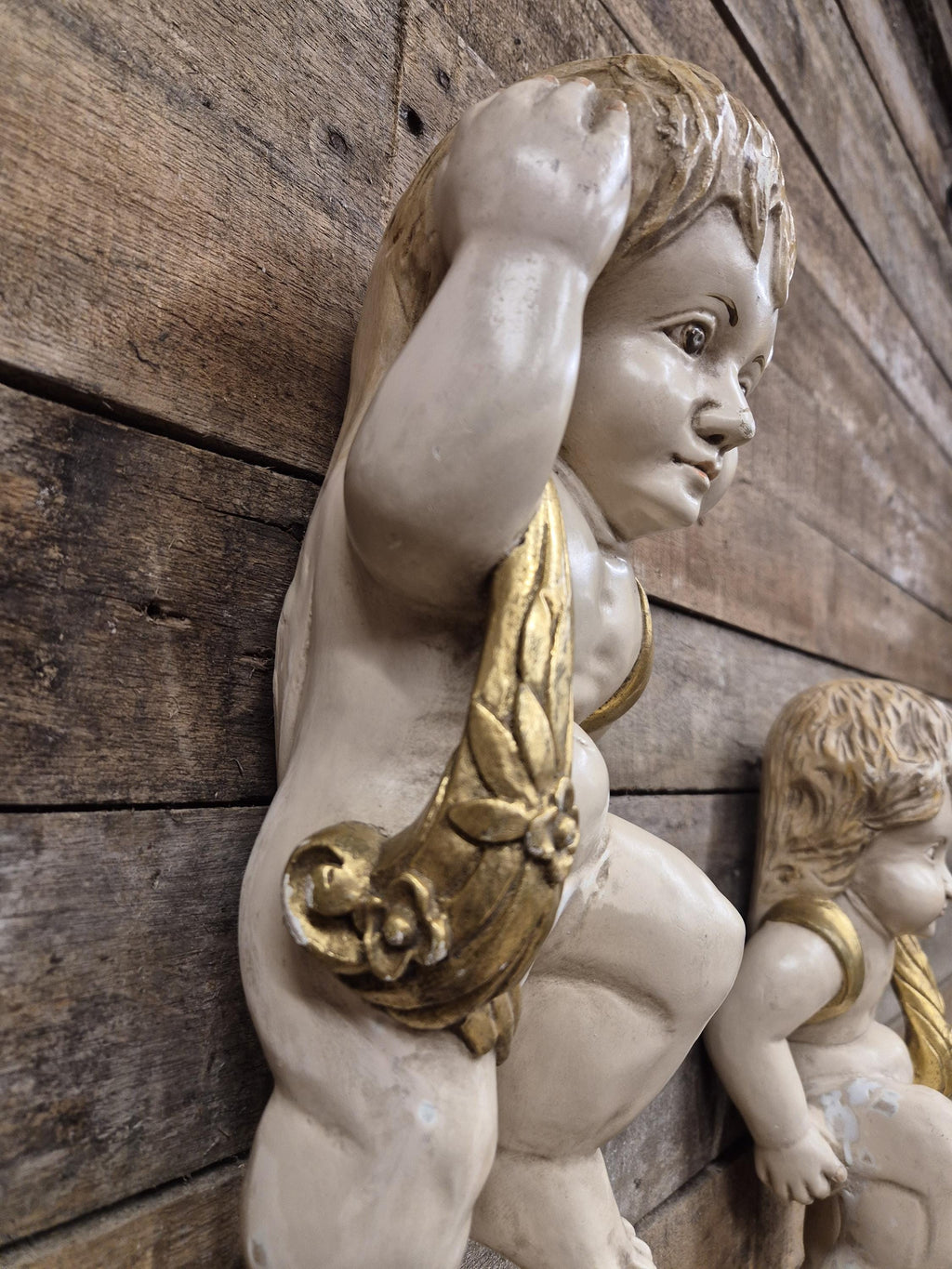 Pair Cherub Wall Plaques Hand Painted Putti Classical Decorative Vintage
