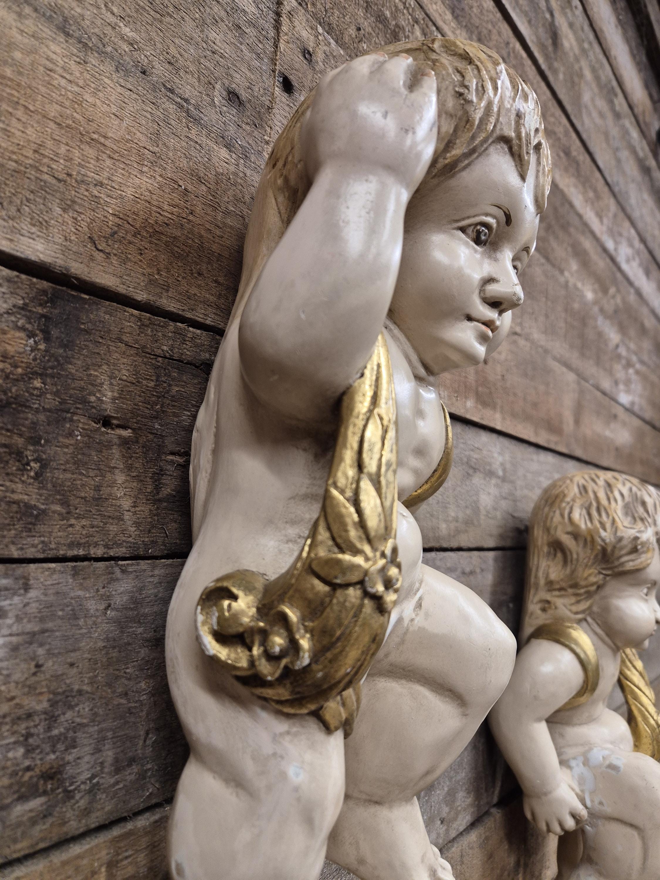 Pair Cherub Wall Plaques Hand Painted Putti Classical Decorative Vintage