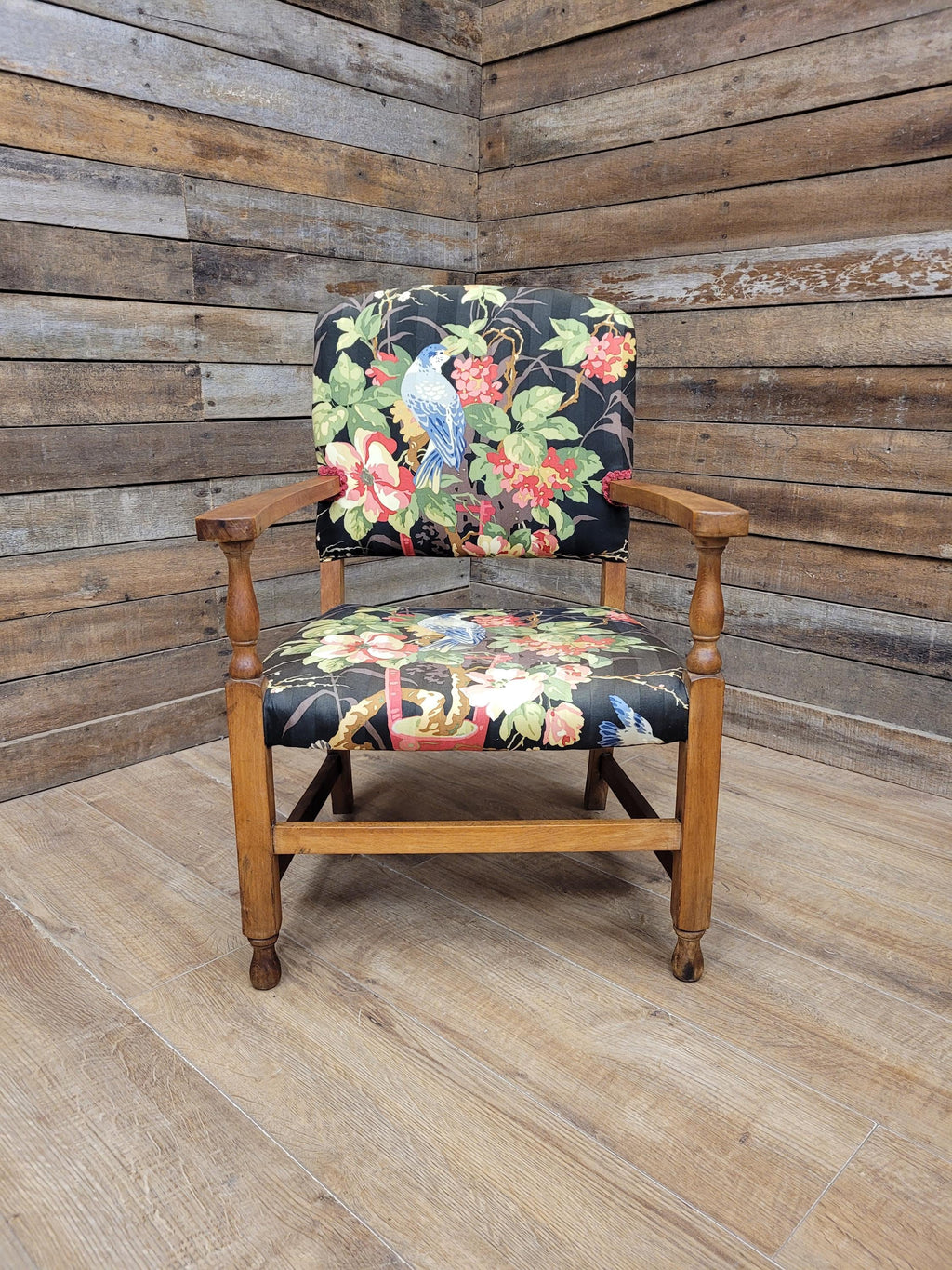 Vintage Wooden Armchair Floral Upholstered Open Arm Accent Seat Bedroom Chair