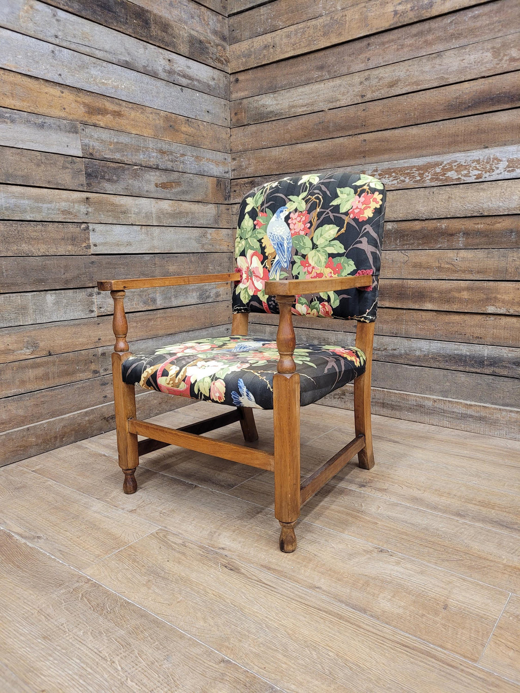 Vintage Wooden Armchair Floral Upholstered Open Arm Accent Seat Bedroom Chair