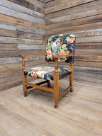 Vintage Wooden Armchair Floral Upholstered Open Arm Accent Seat Bedroom Chair