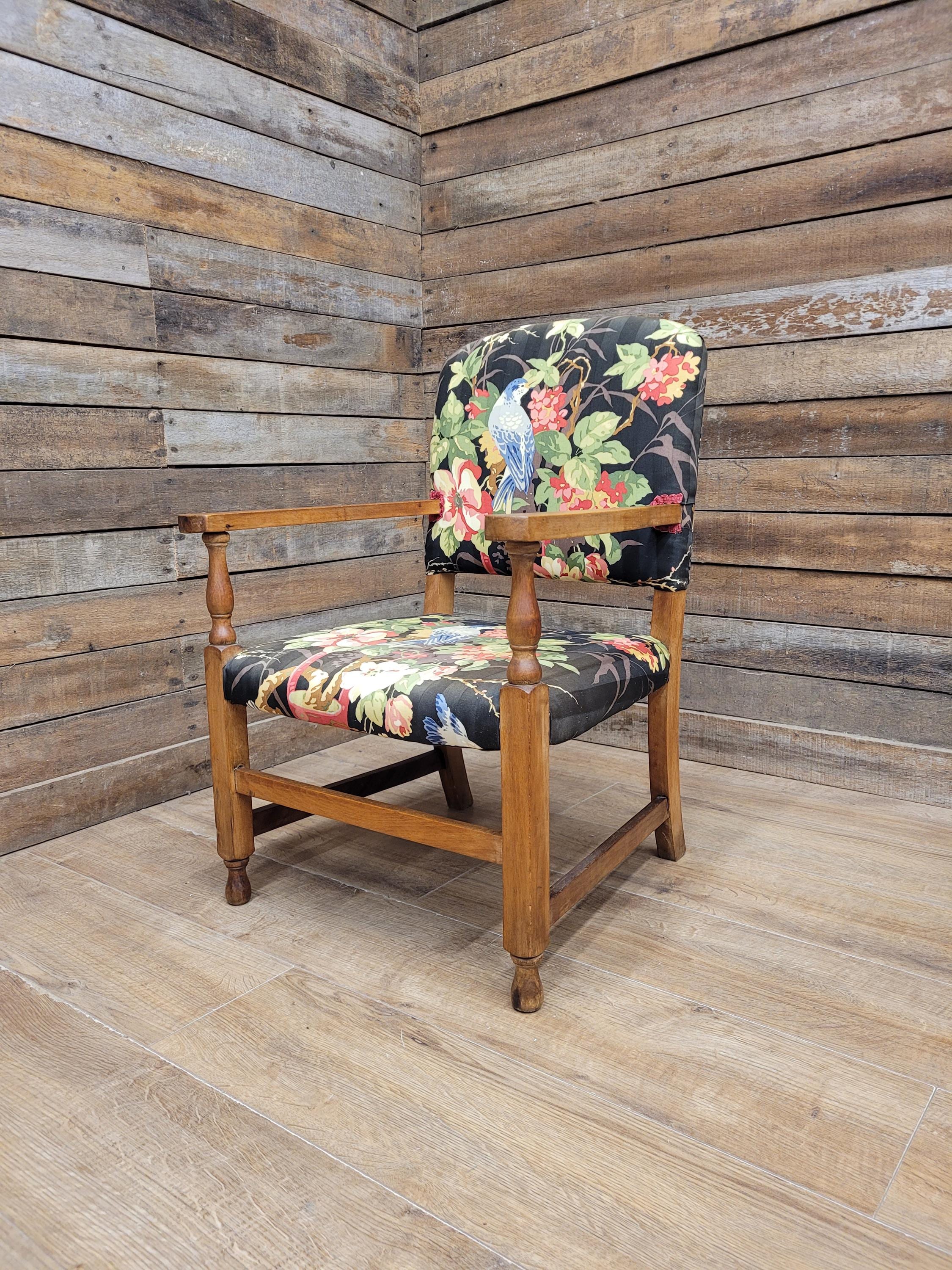 Vintage Wooden Armchair Floral Bird Fabric Accent Seat Open Arm Bedroom Chair