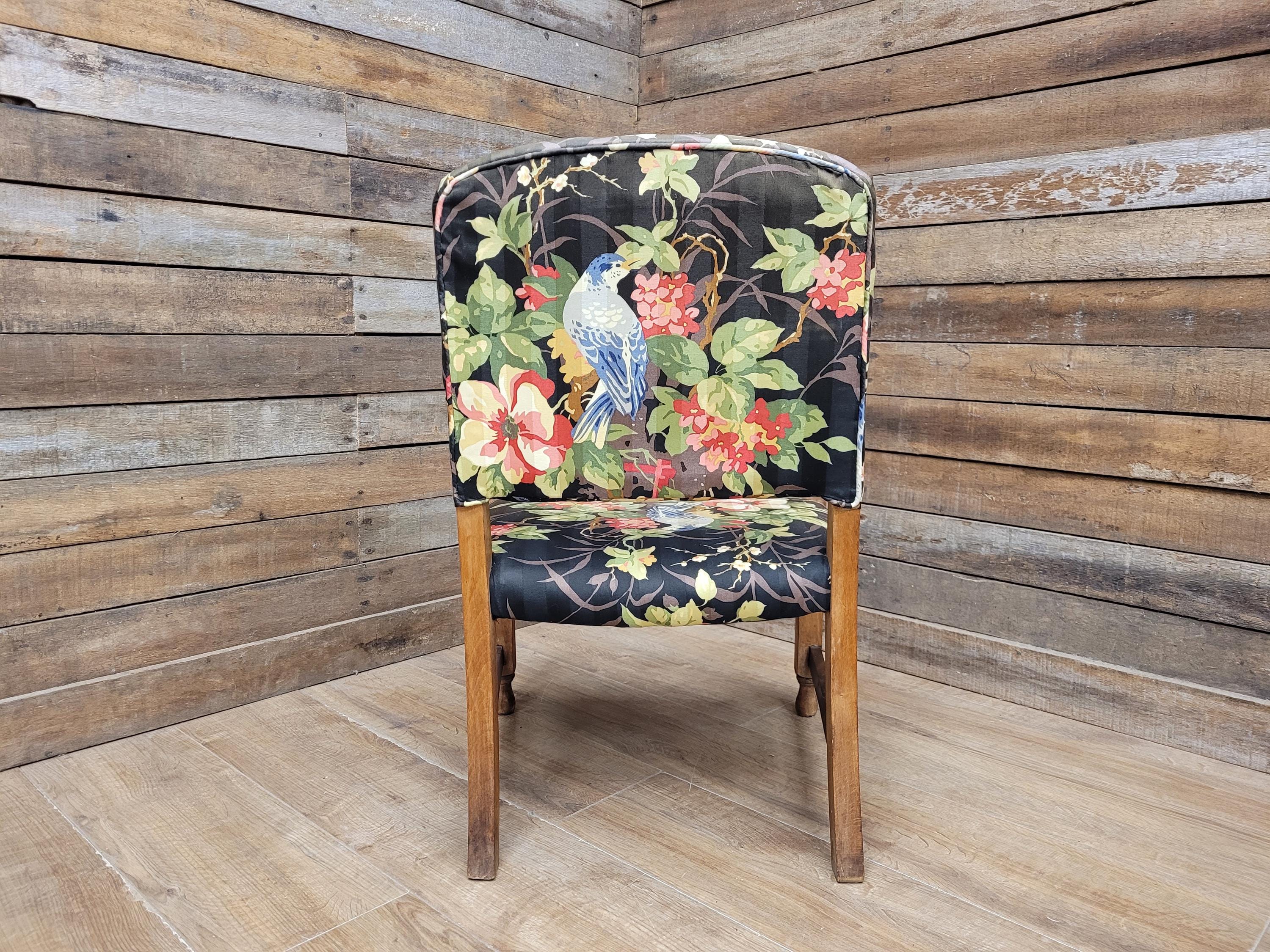 Vintage Wooden Armchair Floral Upholstered Open Arm Accent Seat Bedroom Chair