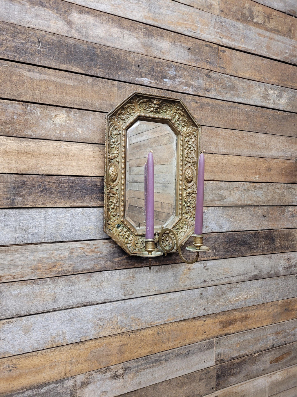 Brass Wall Mirror Candle Sconce Ornate Vintage Baroque Style