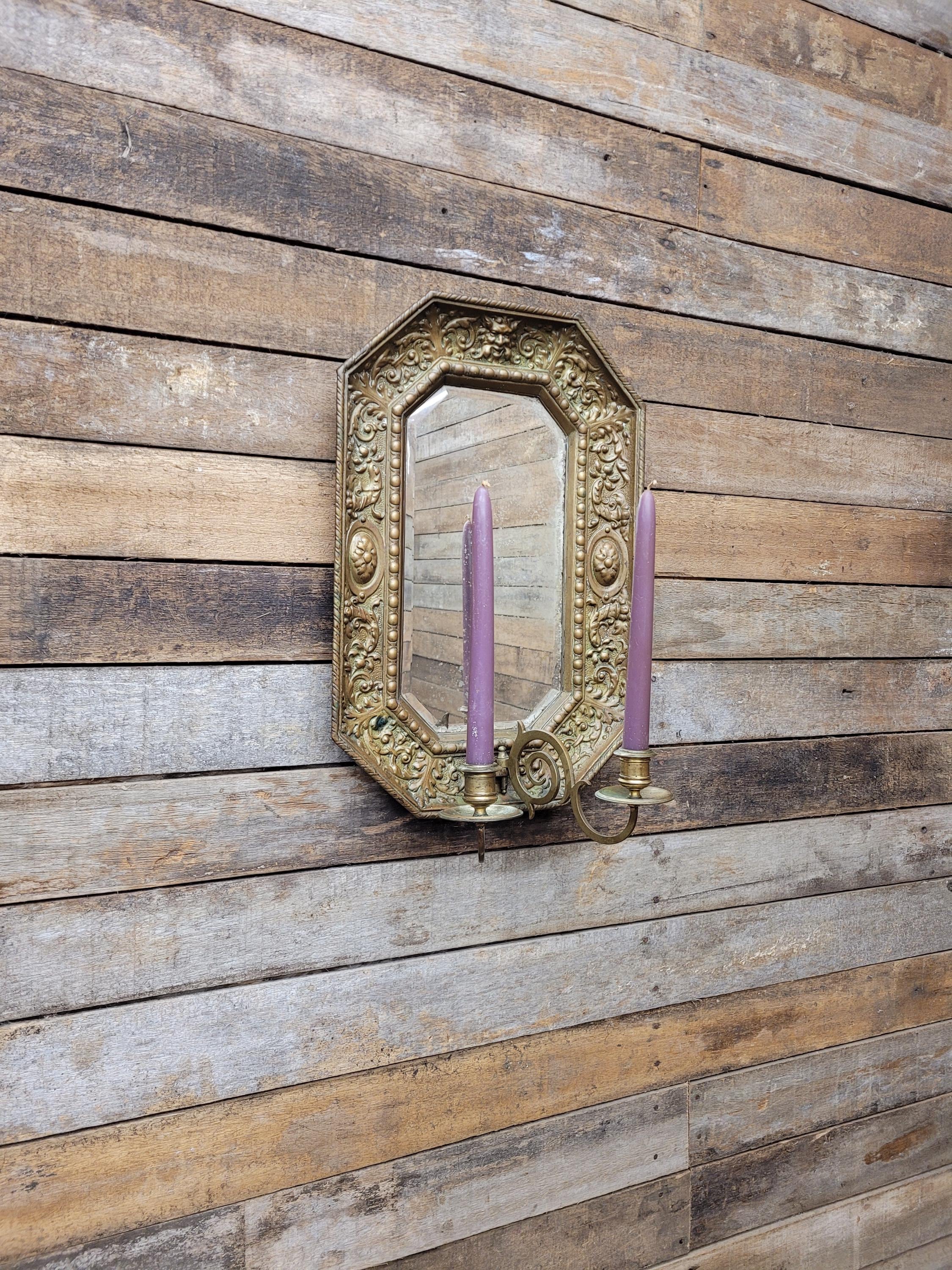 Brass Wall Mirror Candle Sconce Ornate Vintage Baroque Style