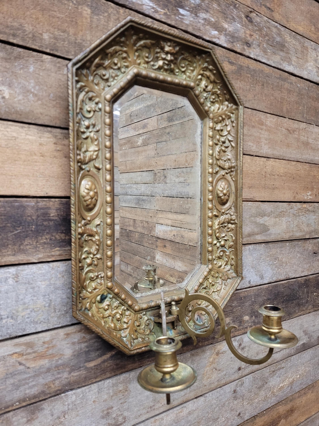 Brass Wall Mirror Candle Sconce Ornate Vintage Baroque Style