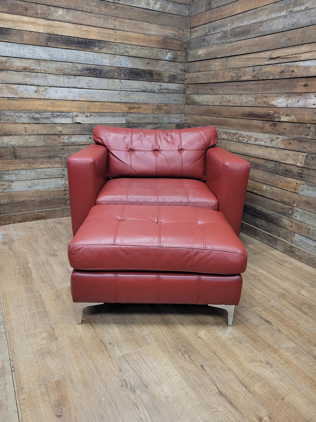 Red Faux Leather Armchair Footstool Retro Style Lounge Chrome Legs