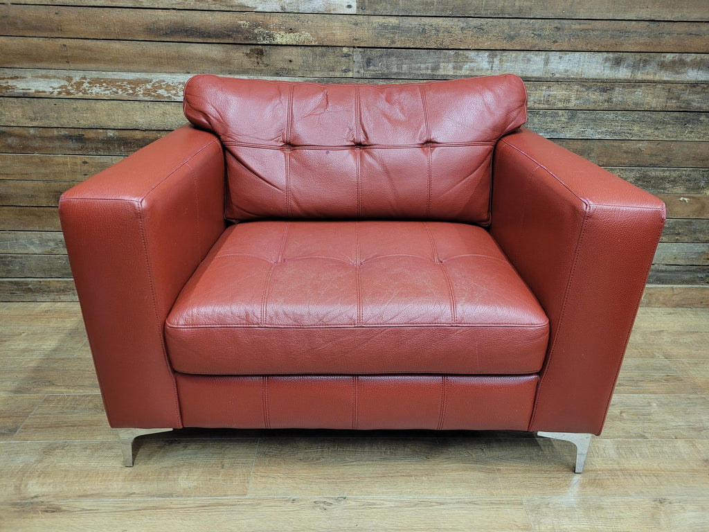 Red Faux Leather Armchair Footstool Retro Style Lounge Chrome Legs