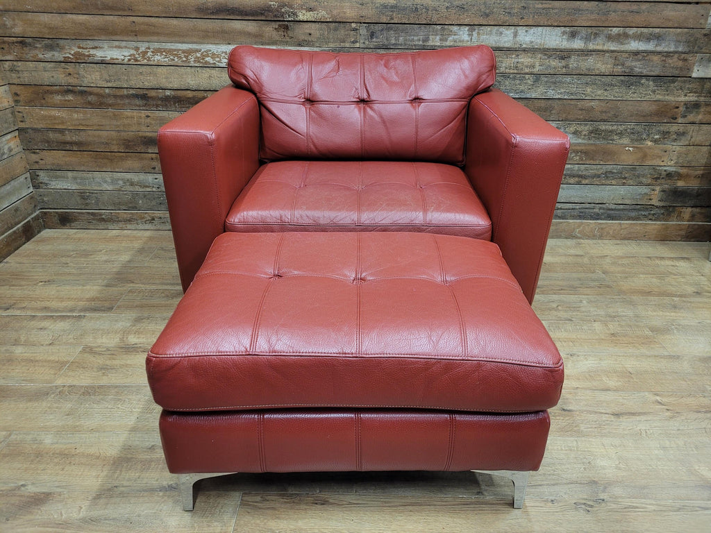 Red Faux Leather Armchair Footstool Retro Style Lounge Chrome Legs