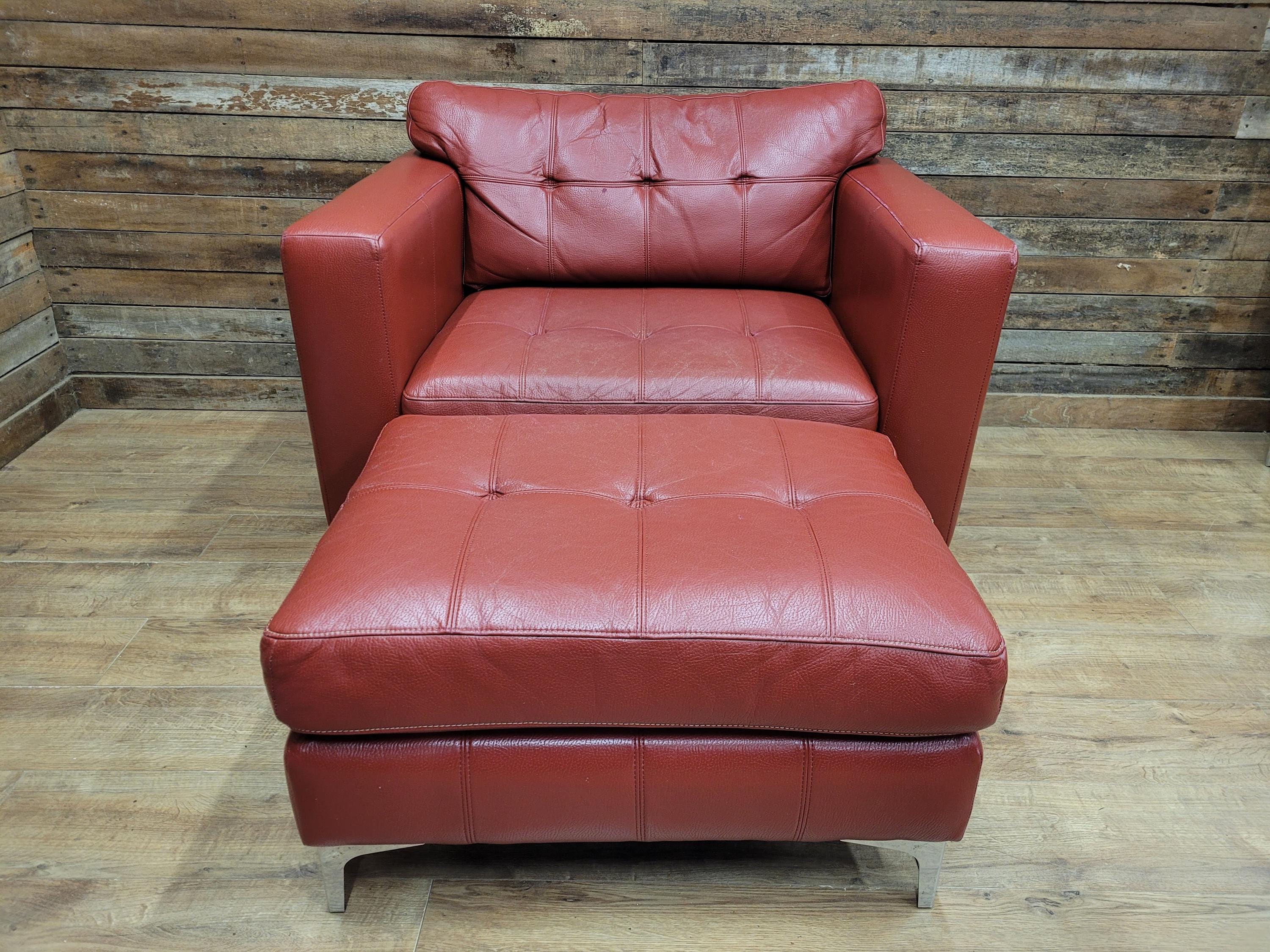 Red Faux Leather Armchair Footstool Retro Style Lounge Chrome Legs