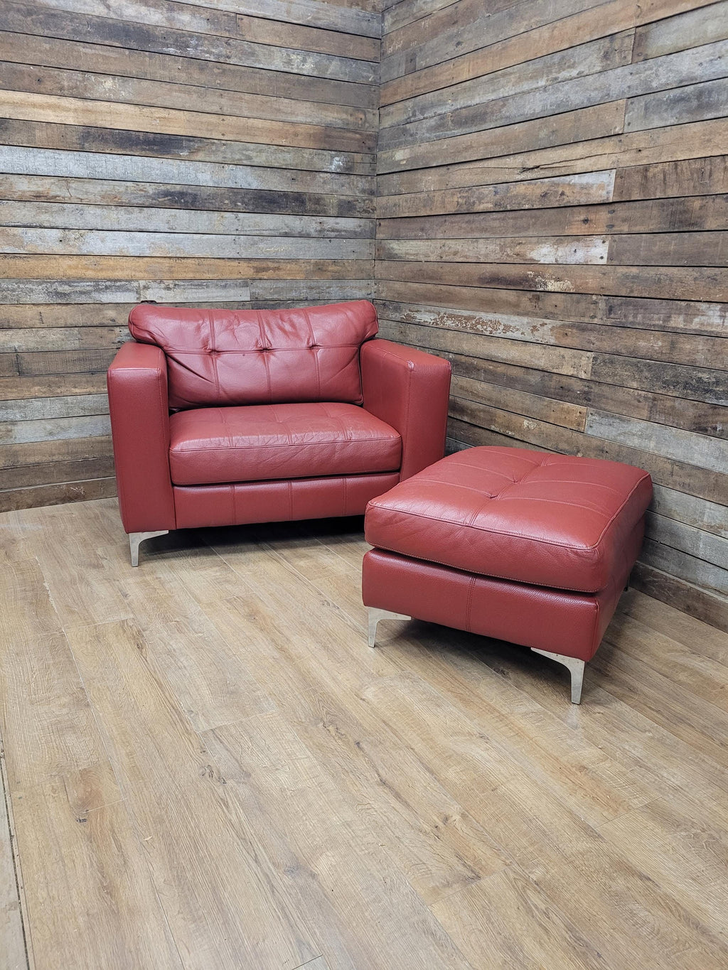 Red Faux Leather Armchair Footstool Retro Style Lounge Chrome Legs