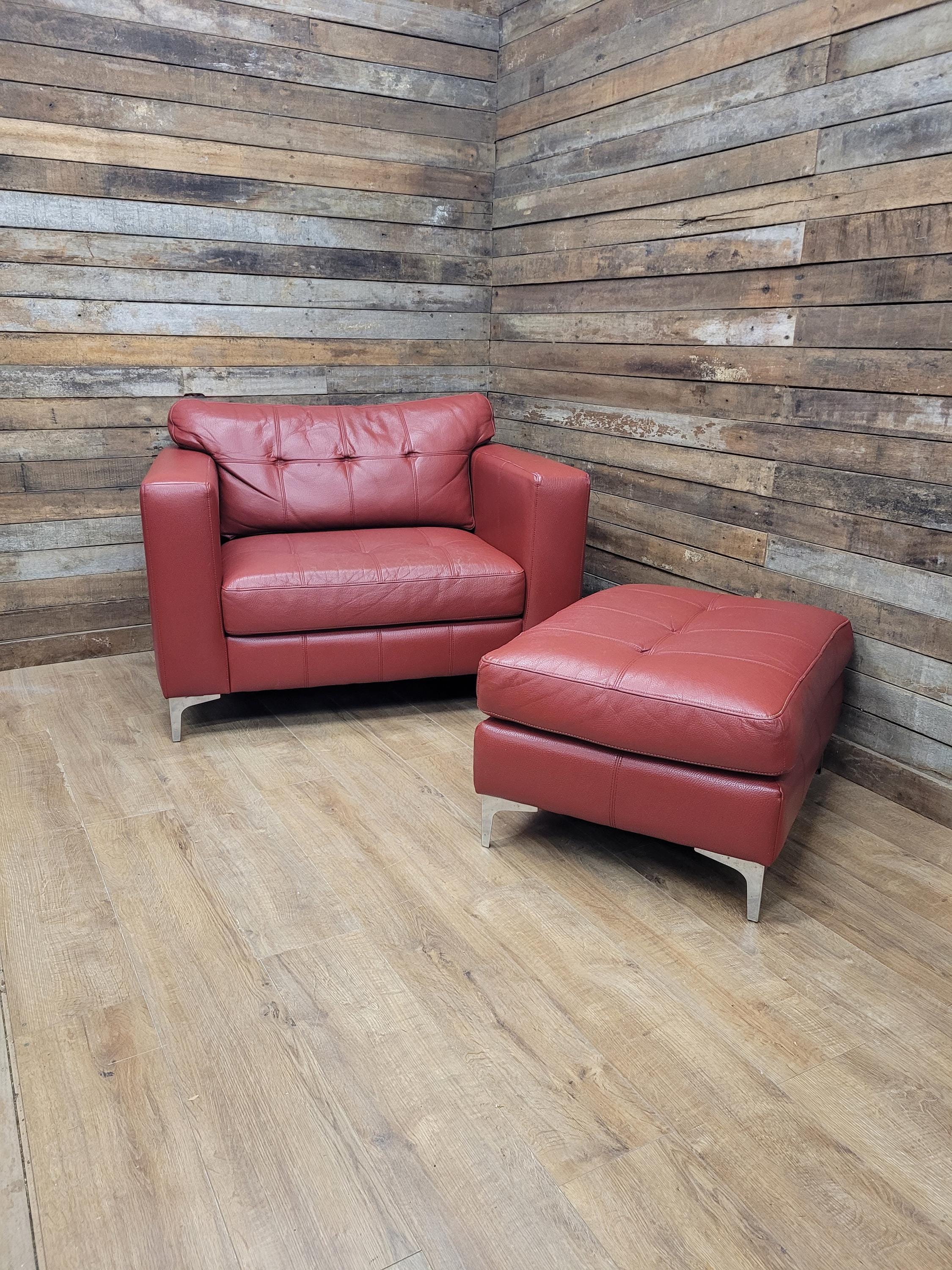 Red Faux Leather Armchair Footstool Retro Style Lounge Chrome Legs