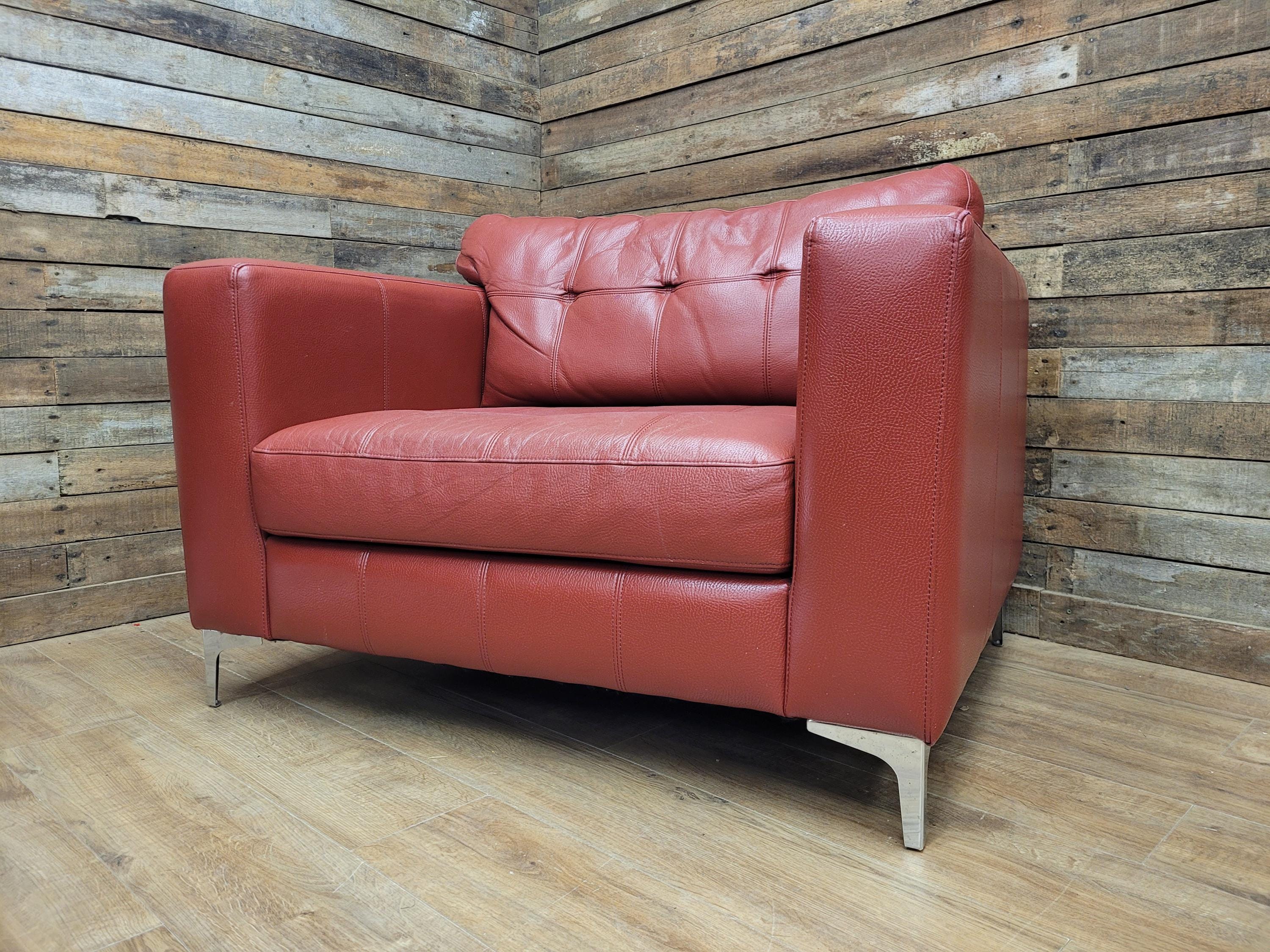 Red Faux Leather Armchair Footstool Retro Style Lounge Chrome Legs