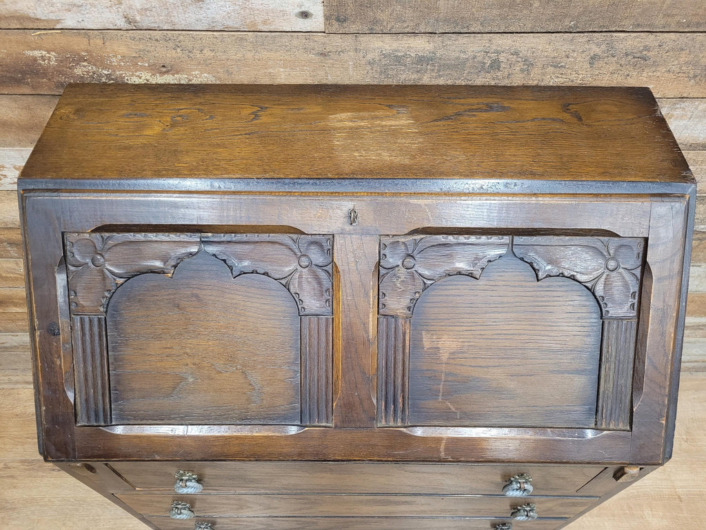 Oak Bureau Desk Writing Desk Fall Front Vintage Storage Drawers With Key