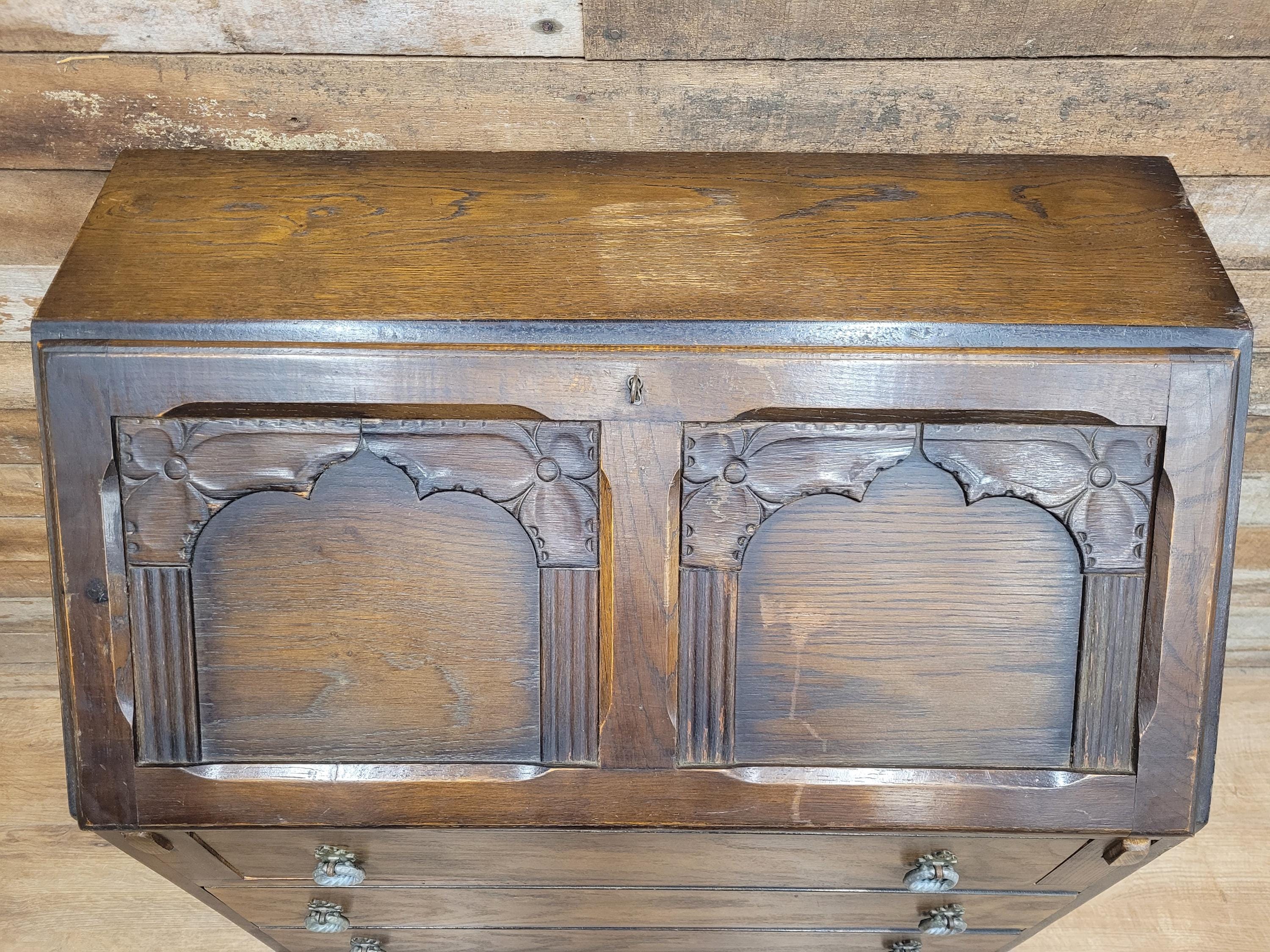 Oak Bureau Desk Writing Desk Fall Front Vintage Storage Drawers With Key