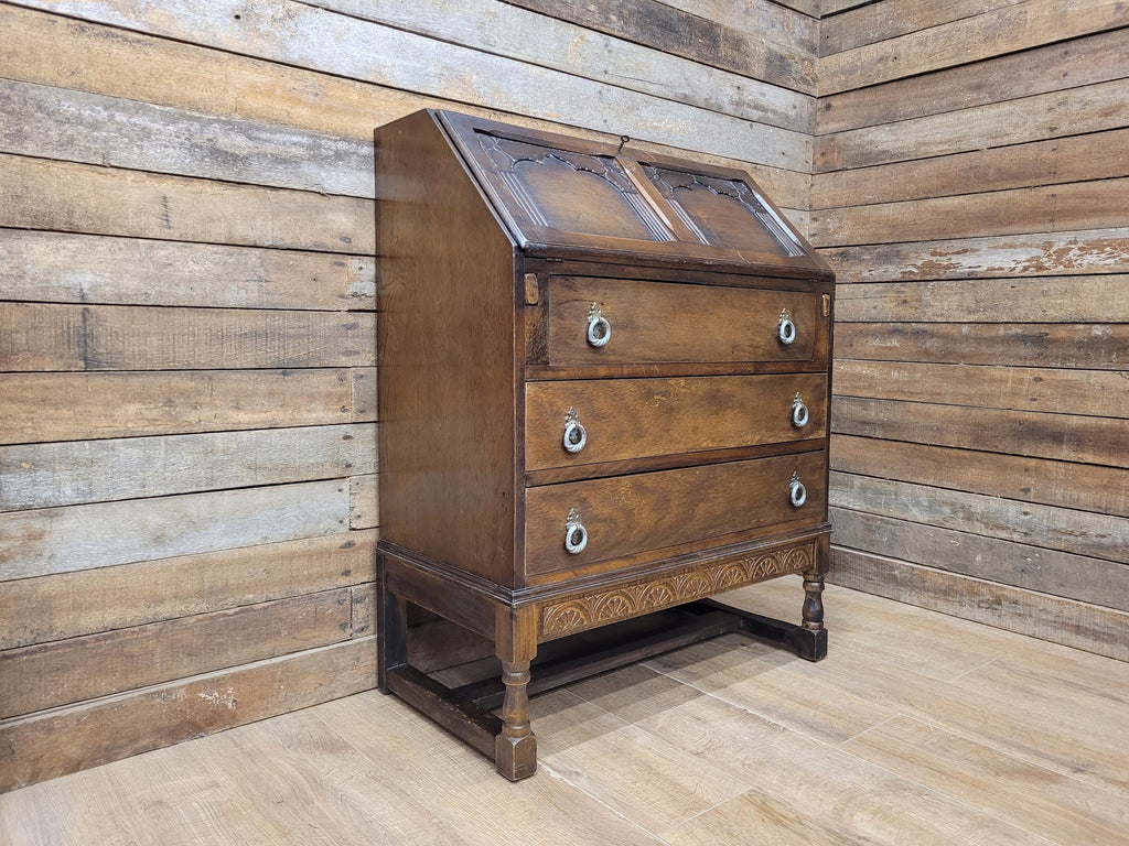 Oak Bureau Desk Writing Desk Fall Front Vintage Storage Drawers With Key