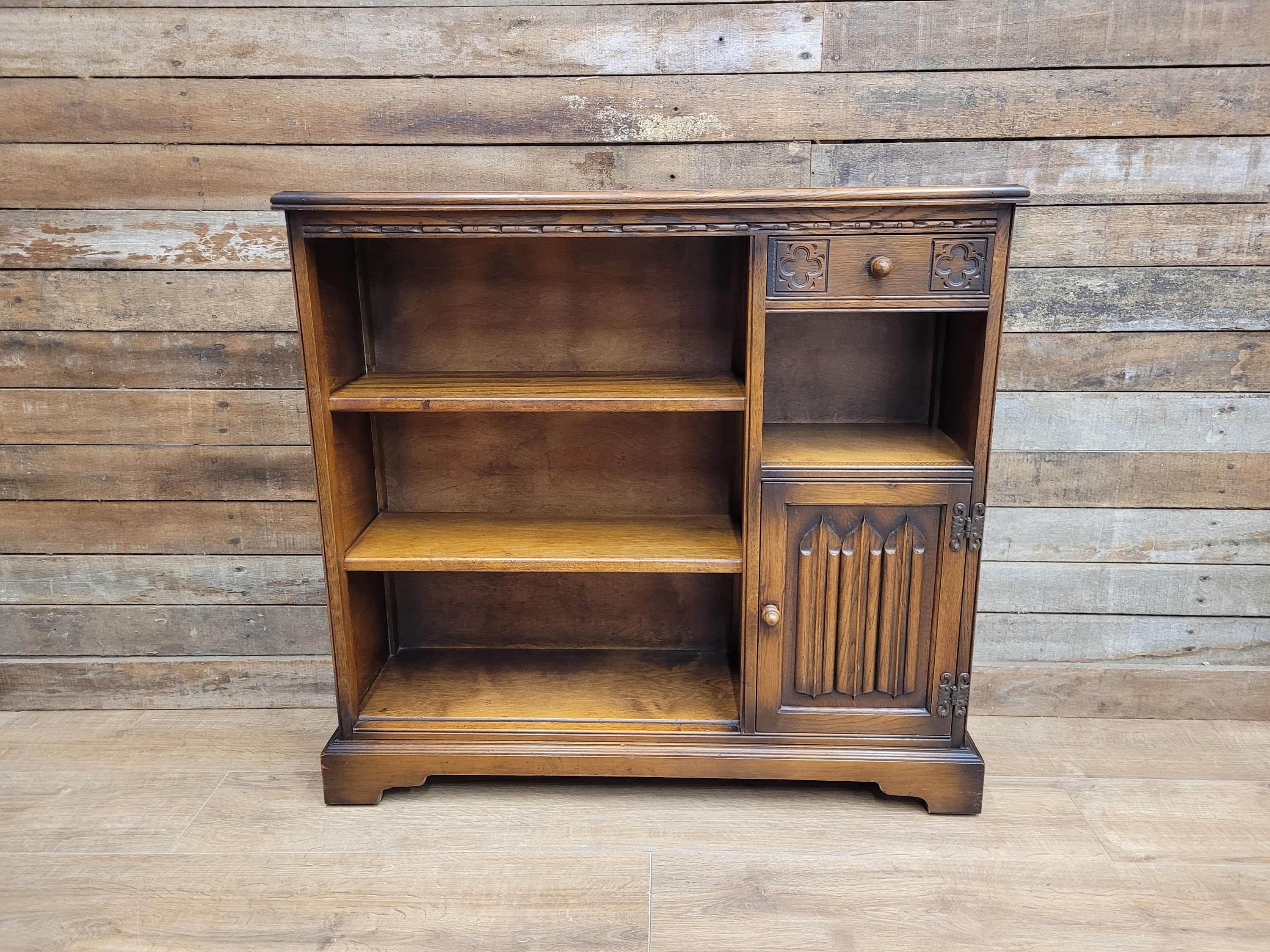Wood Bros Old Charm Oak Bookcase Vintage Carved Cupboard Drawer Cabinet