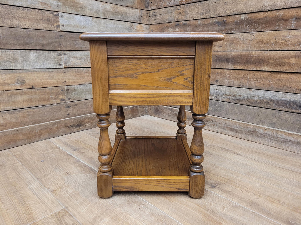 Wood Bros Old Charm Oak Side Table Vintage Carved Drawer Lamp Table