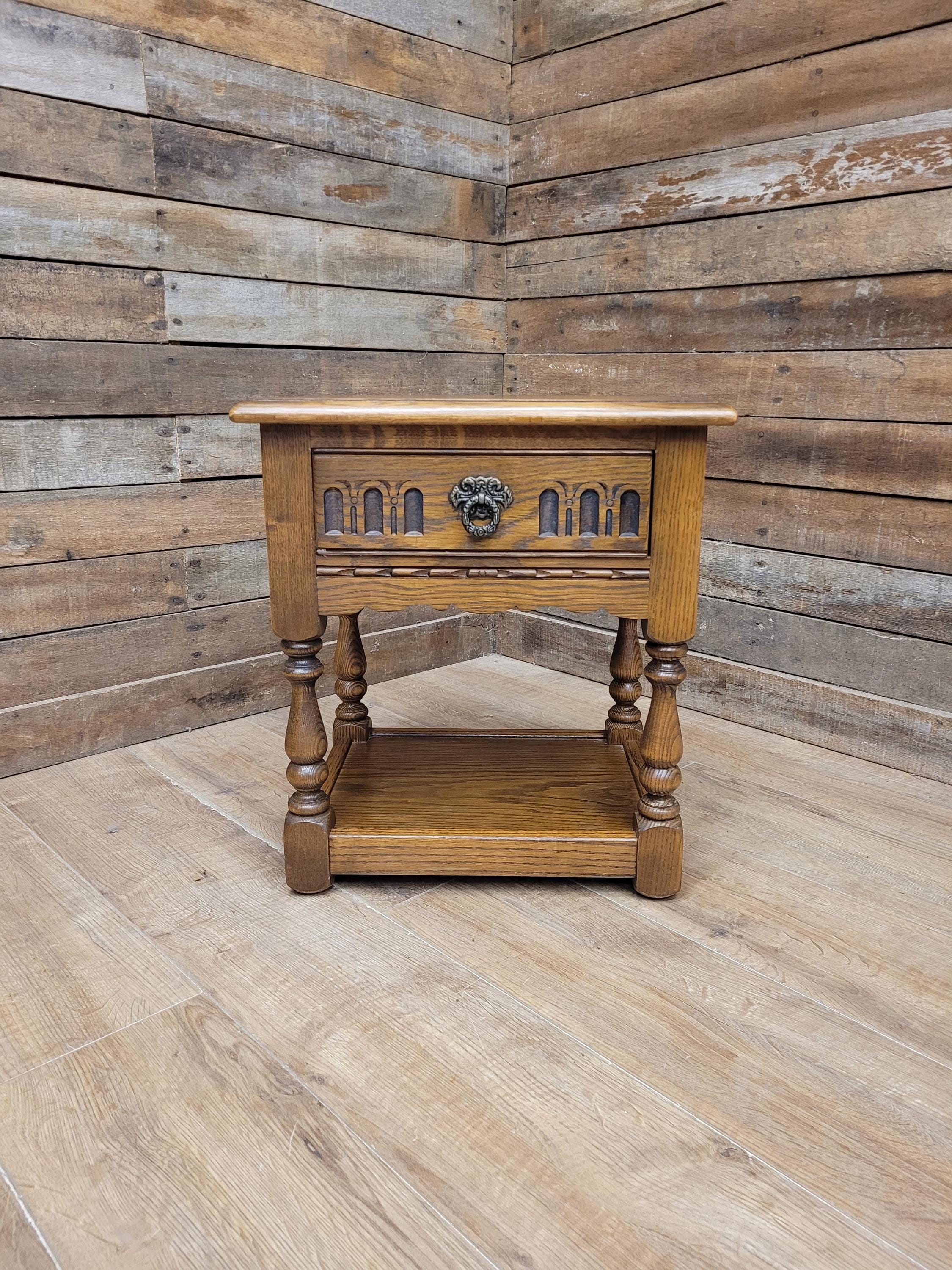 Wood Bros Old Charm Oak Side Table Vintage Carved Drawer Lamp Table