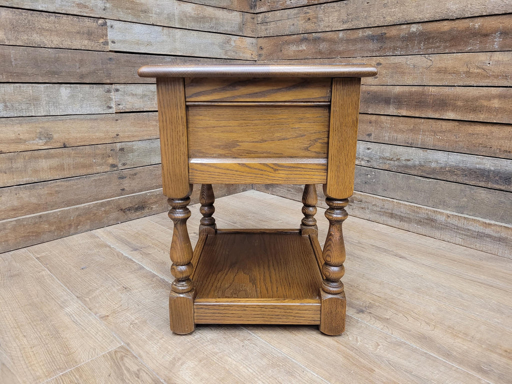 Wood Bros Old Charm Oak Side Table Vintage Carved Drawer Lamp Table