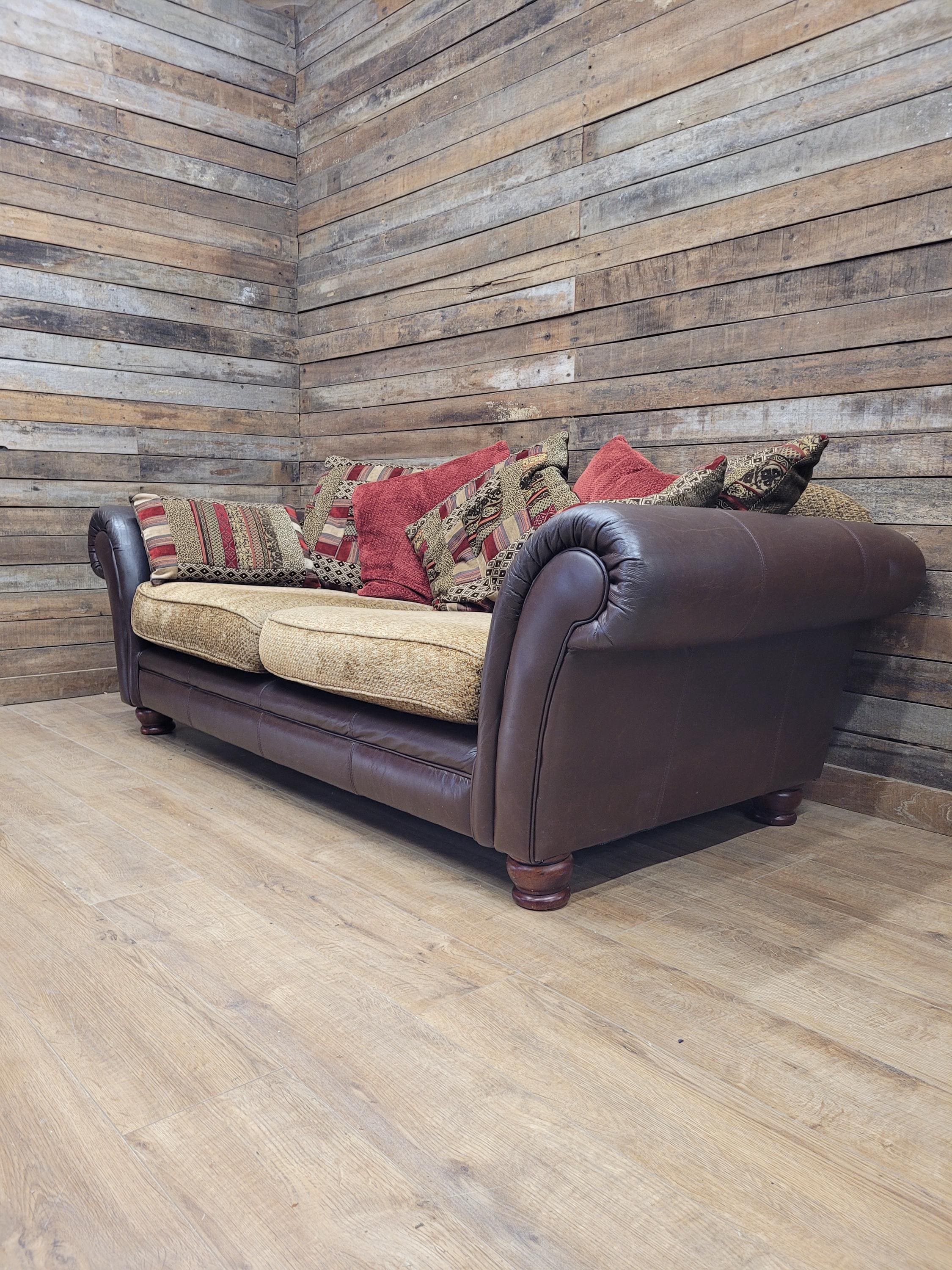 DFS Perez 3 Seater Brown Leather Sofa Scroll Arm Chunky Lounge