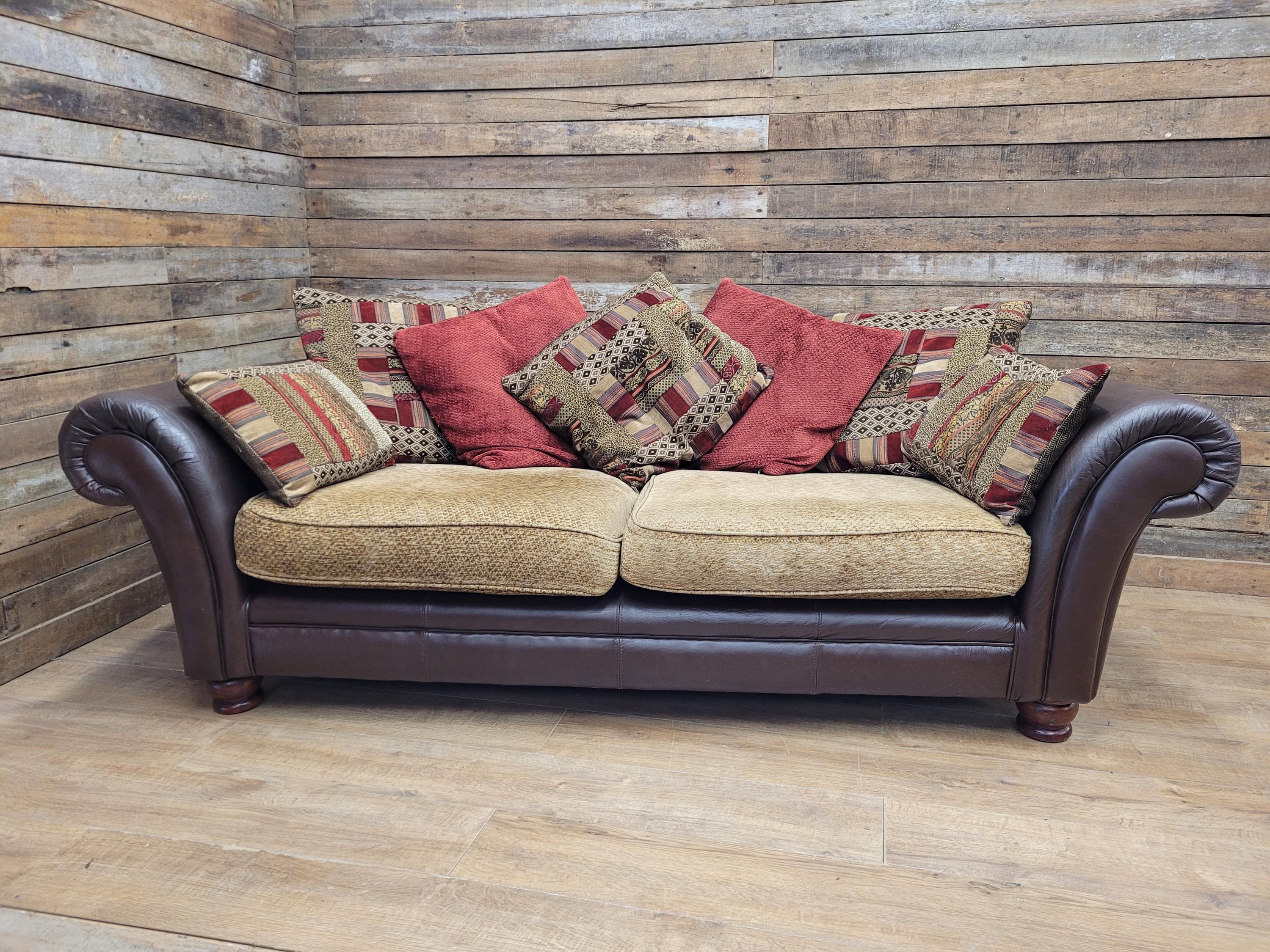 DFS Perez 3 Seater Brown Leather Sofa Scroll Arm Chunky Lounge
