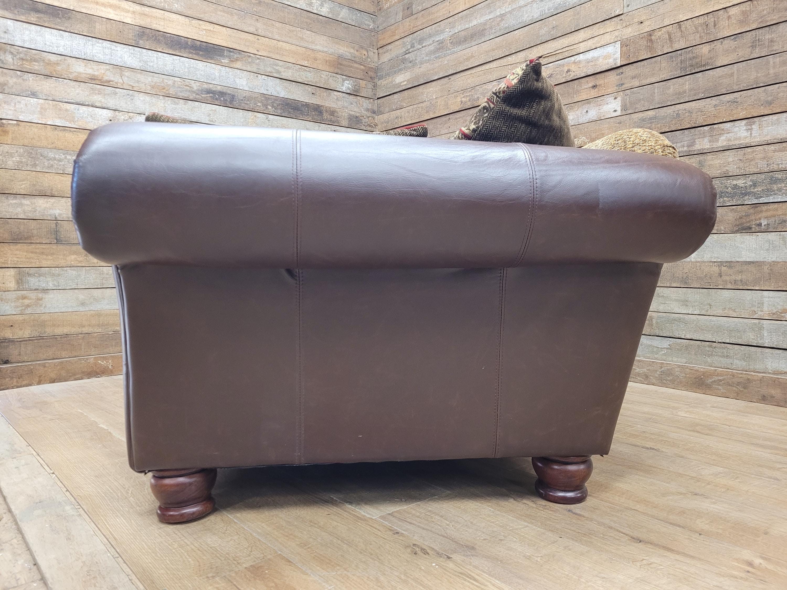 DFS Perez 3 Seater Brown Leather Sofa Scroll Arm Chunky Lounge