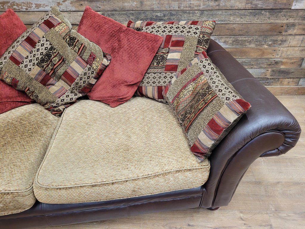 DFS Perez 3 Seater Brown Leather Sofa Scroll Arm Chunky Lounge