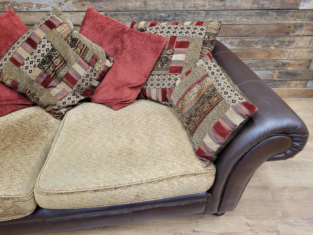 DFS Perez 3 Seater Brown Leather Sofa Scroll Arm Chunky Lounge