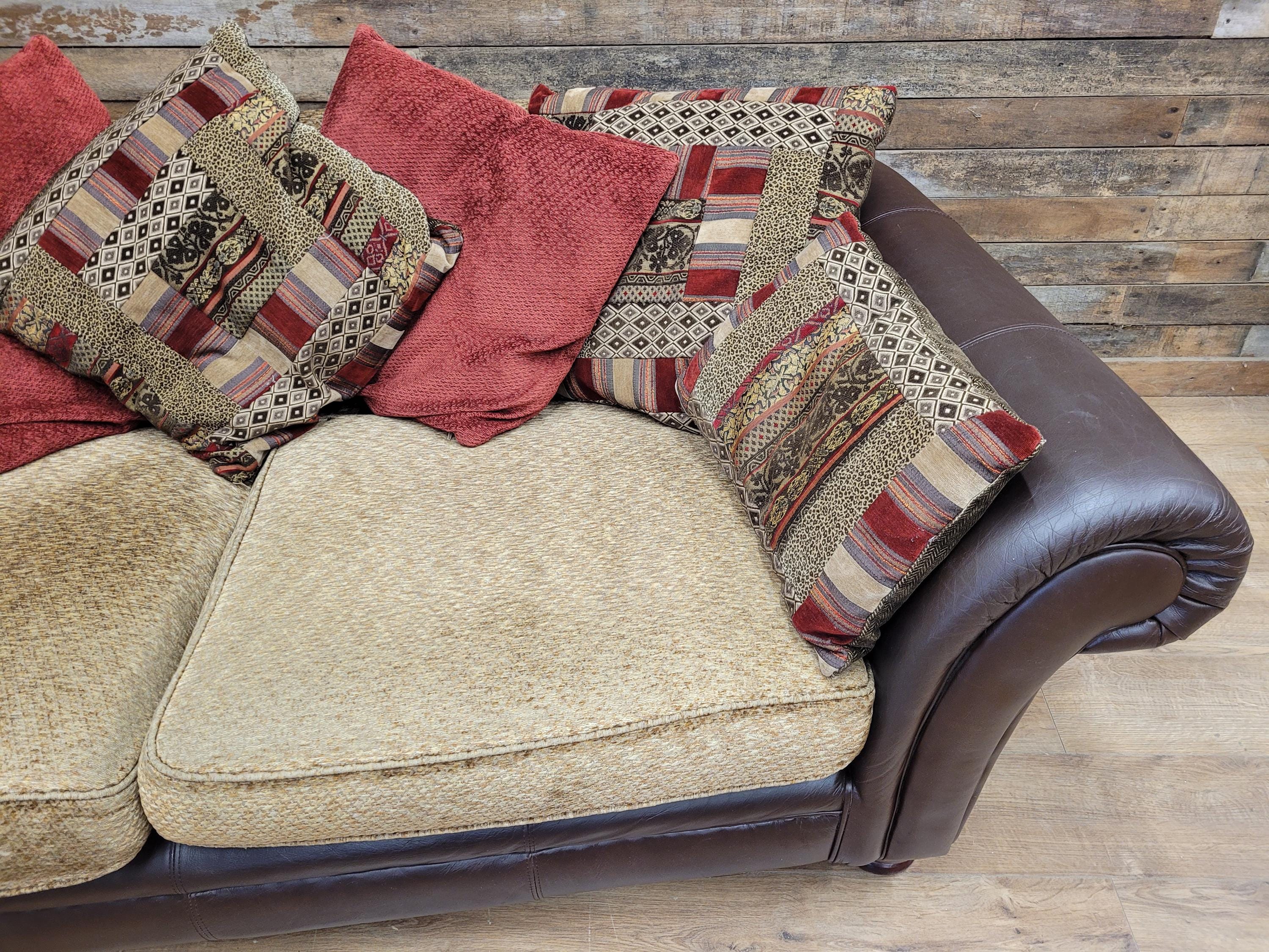 DFS Perez 3 Seater Brown Leather Sofa Scroll Arm Chunky Lounge