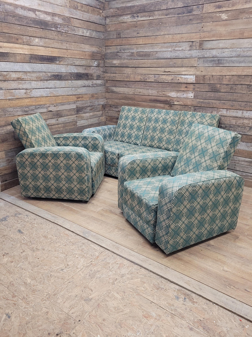 Geometric Fabric Art Deco Style Suite Vintage Sofa Armchairs Modular Sectional