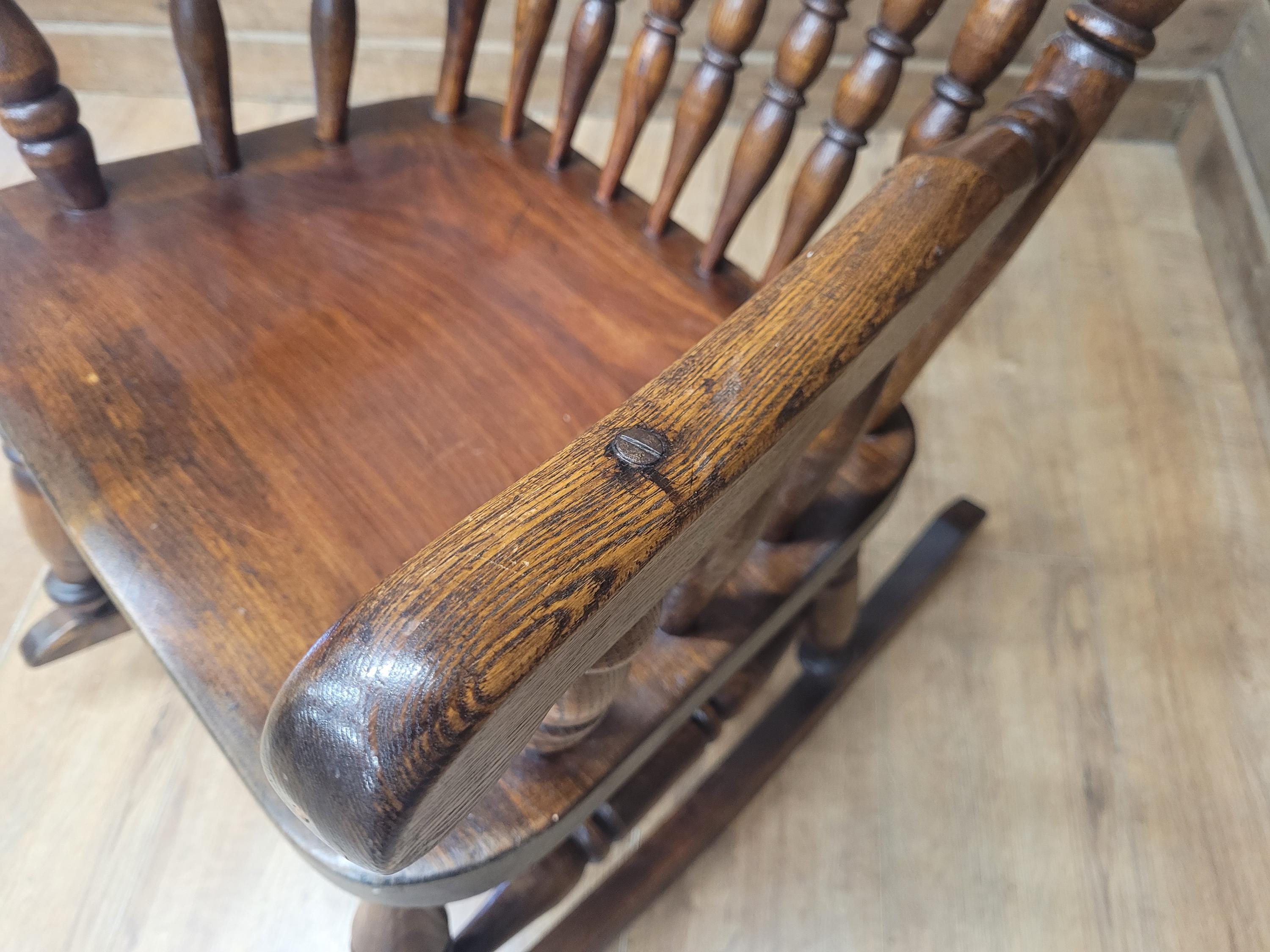 Vintage Oak Rocking Chair Spindle Back Armchair Traditional Wooden