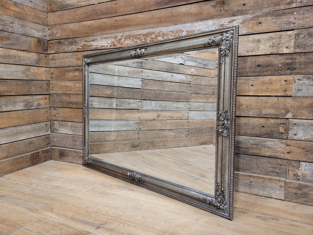 Large Silver Bevell Edge Wall Mirror Vintage Ornate Decorative Frame