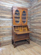 Oak Bureau Bookcase Leaded Glass Vintage Secretariat Drop Front Cabinet