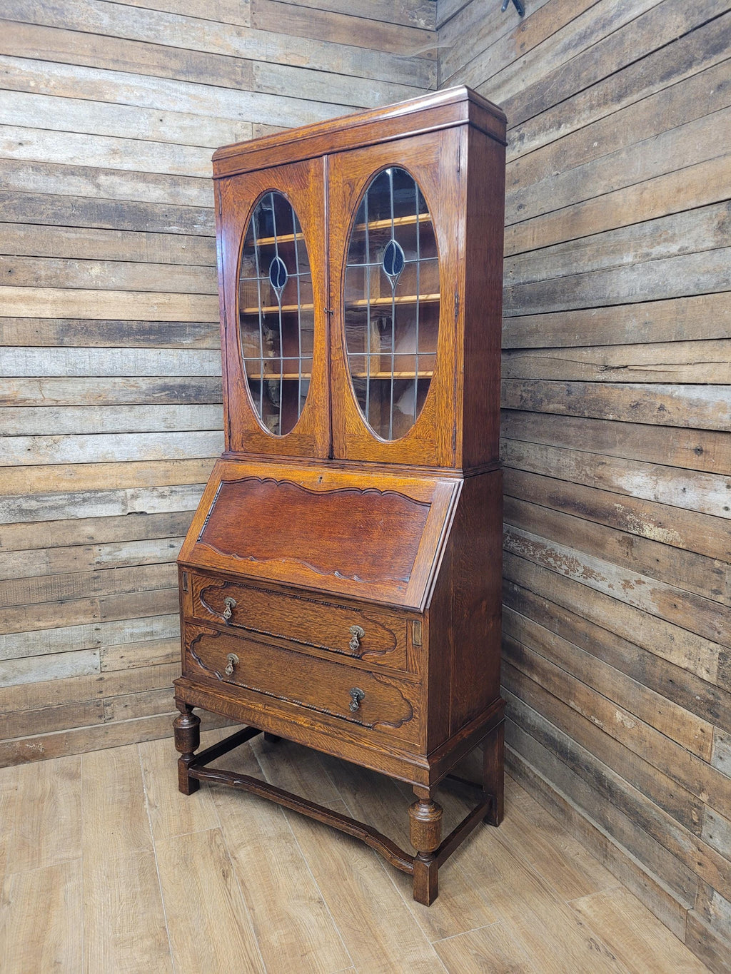 Oak Bureau Bookcase Leaded Glass Vintage Secretariat Drop Front Cabinet