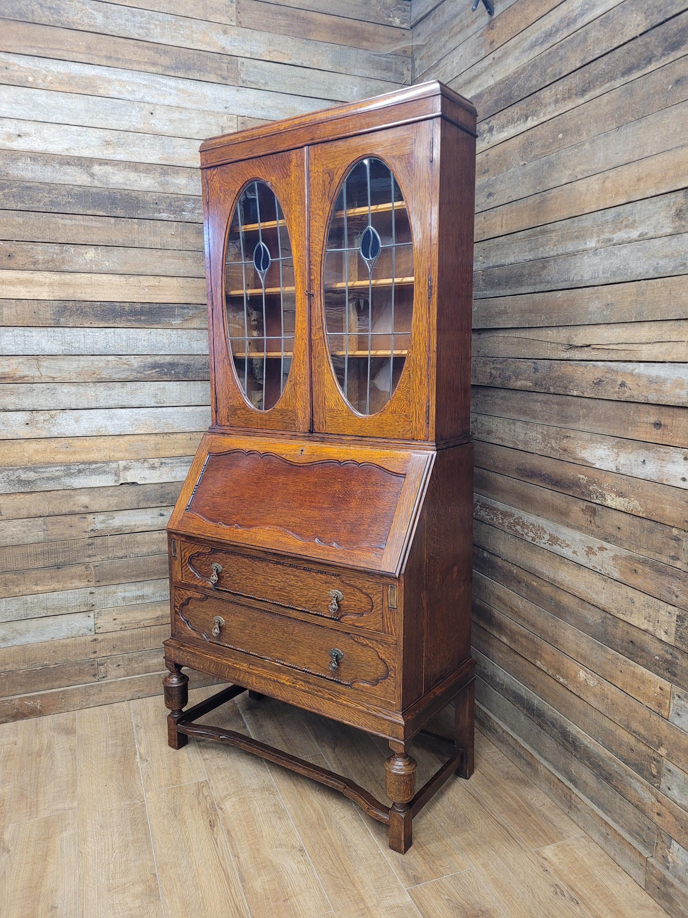 Oak Bureau Bookcase Leaded Glass Vintage Secretariat Drop Front Cabinet