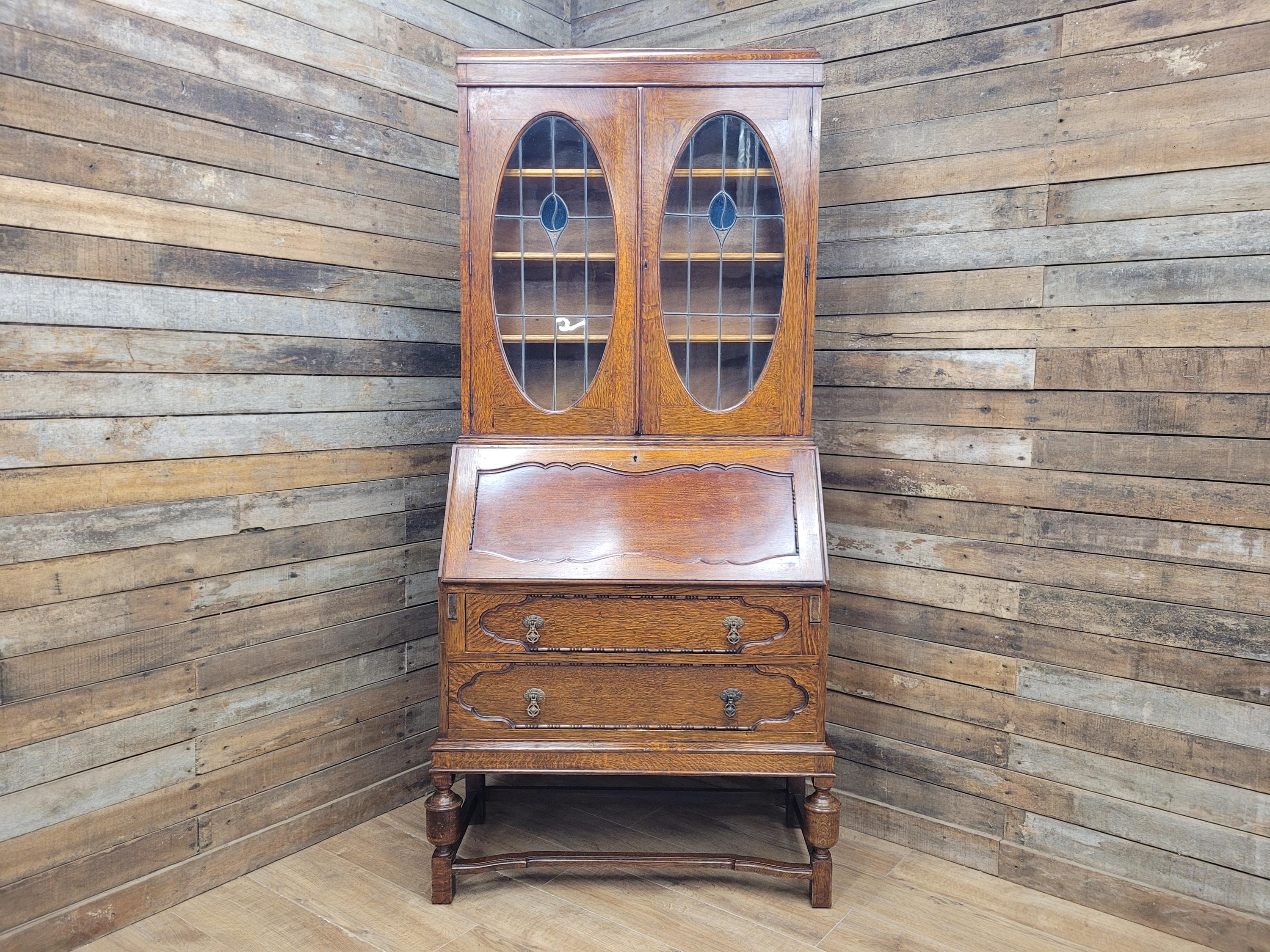 Oak Bureau Bookcase Leaded Glass Vintage Secretariat Drop Front Cabinet