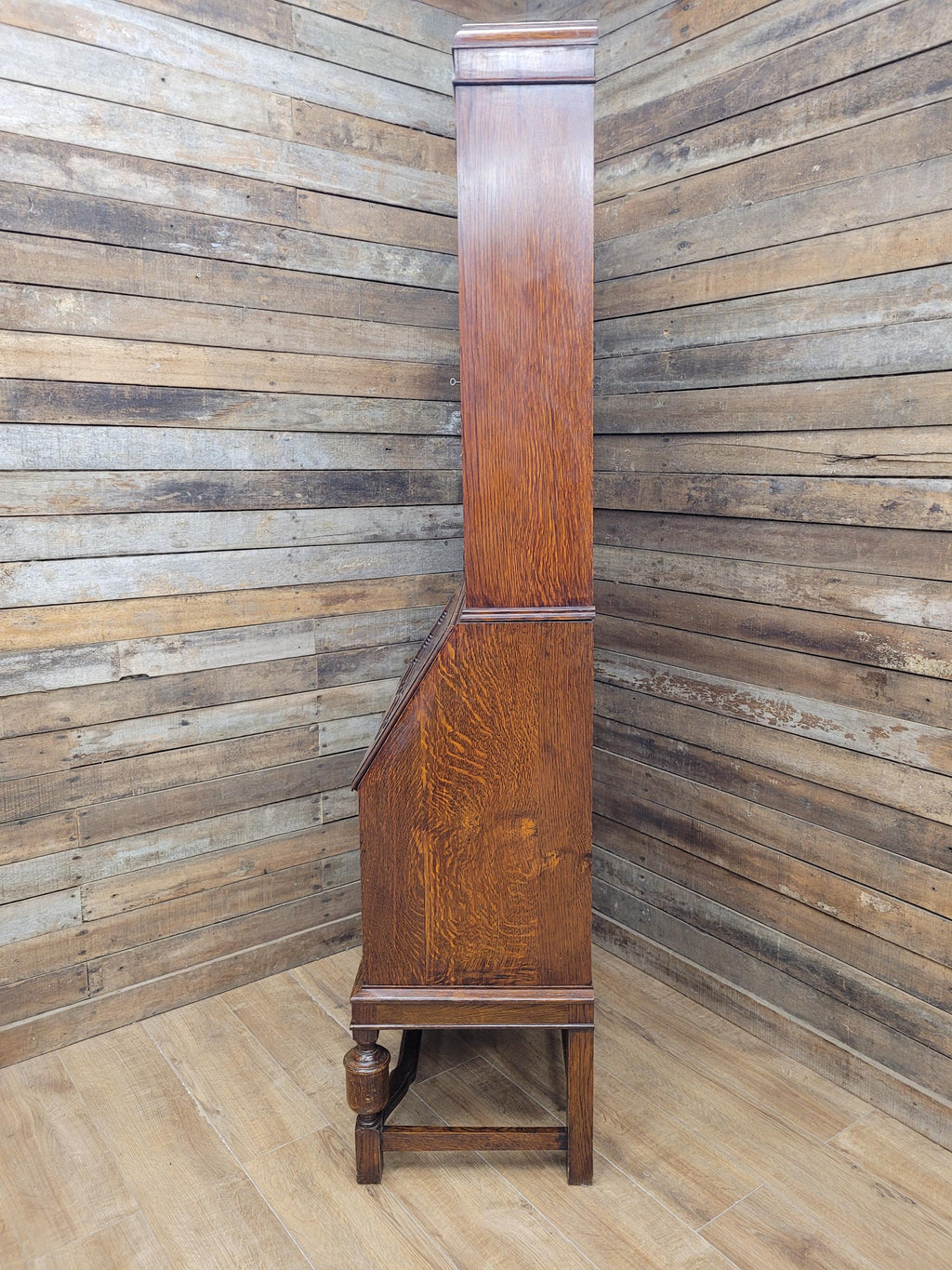 Oak Bureau Bookcase Leaded Glass Vintage Secretariat Drop Front Cabinet