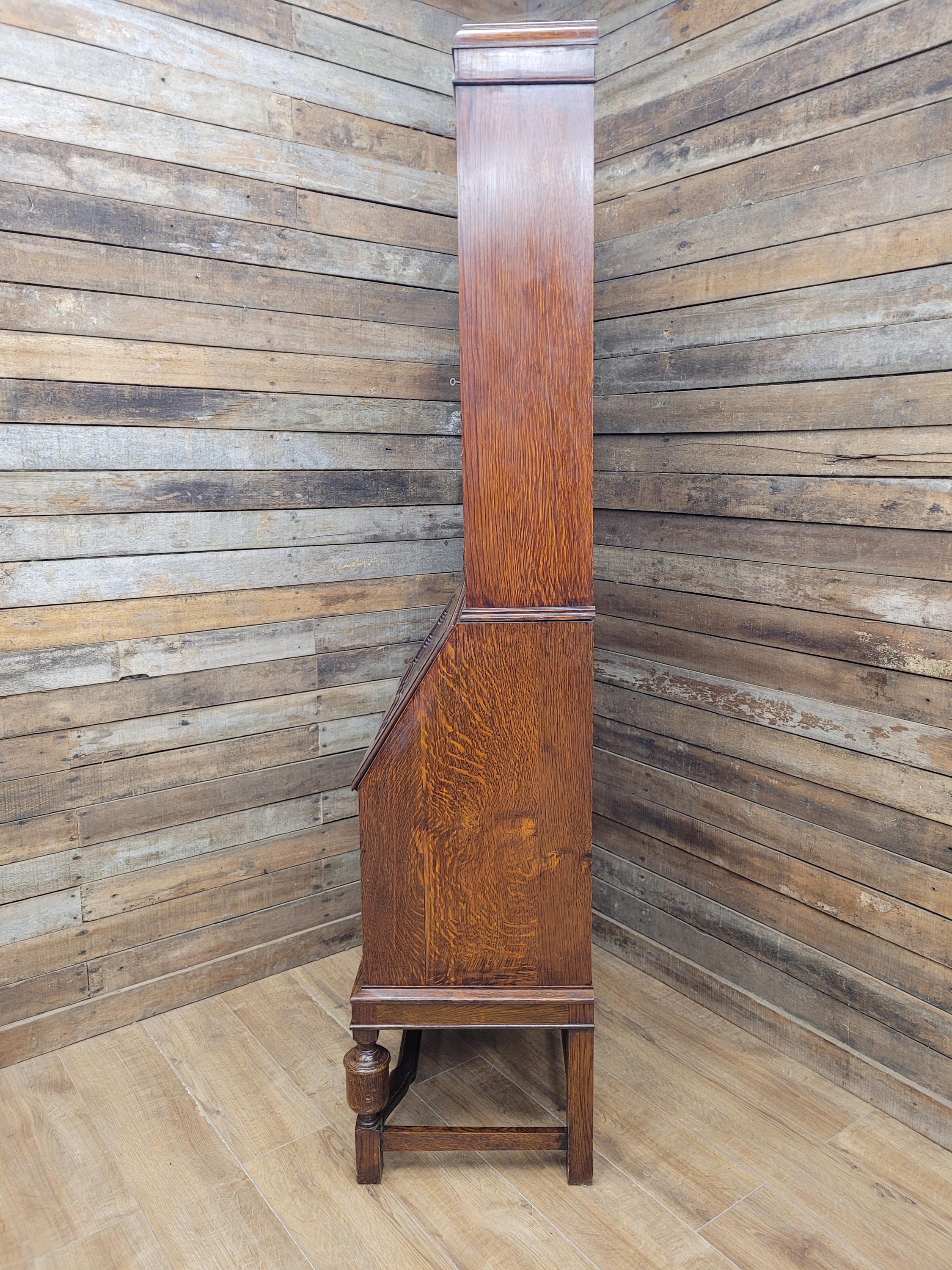 Oak Bureau Bookcase Leaded Glass Vintage Secretariat Drop Front Cabinet